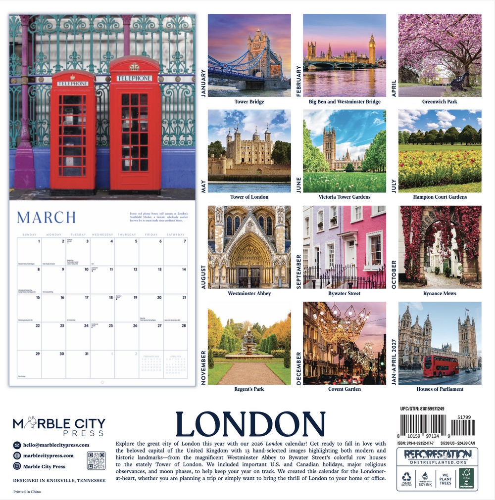 London Calendar 2026 | 12″ x 24″ 12 Month Calendar | Marble City Press