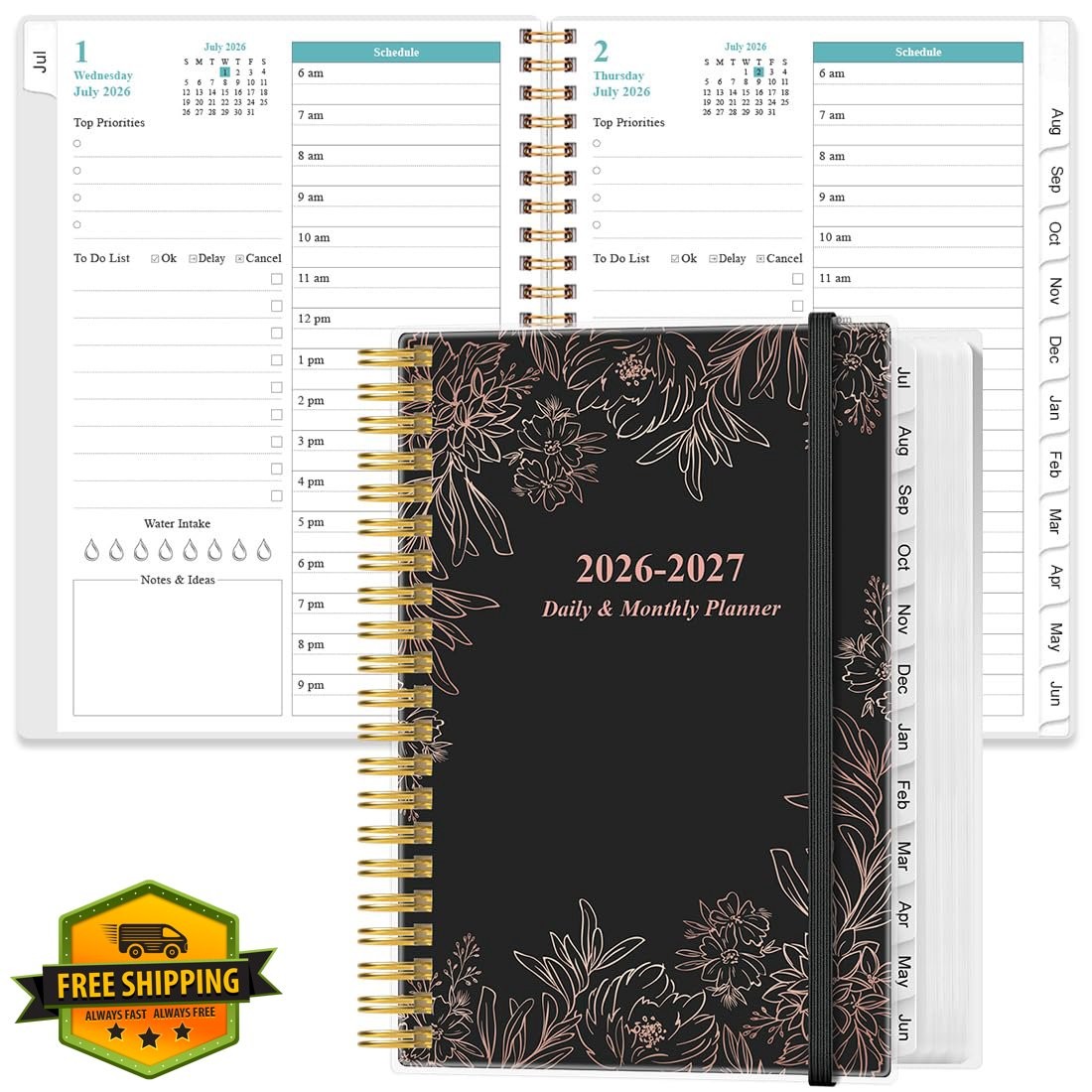Yaridar 6.4″x8.5″ Black Flowers Planner 26-27