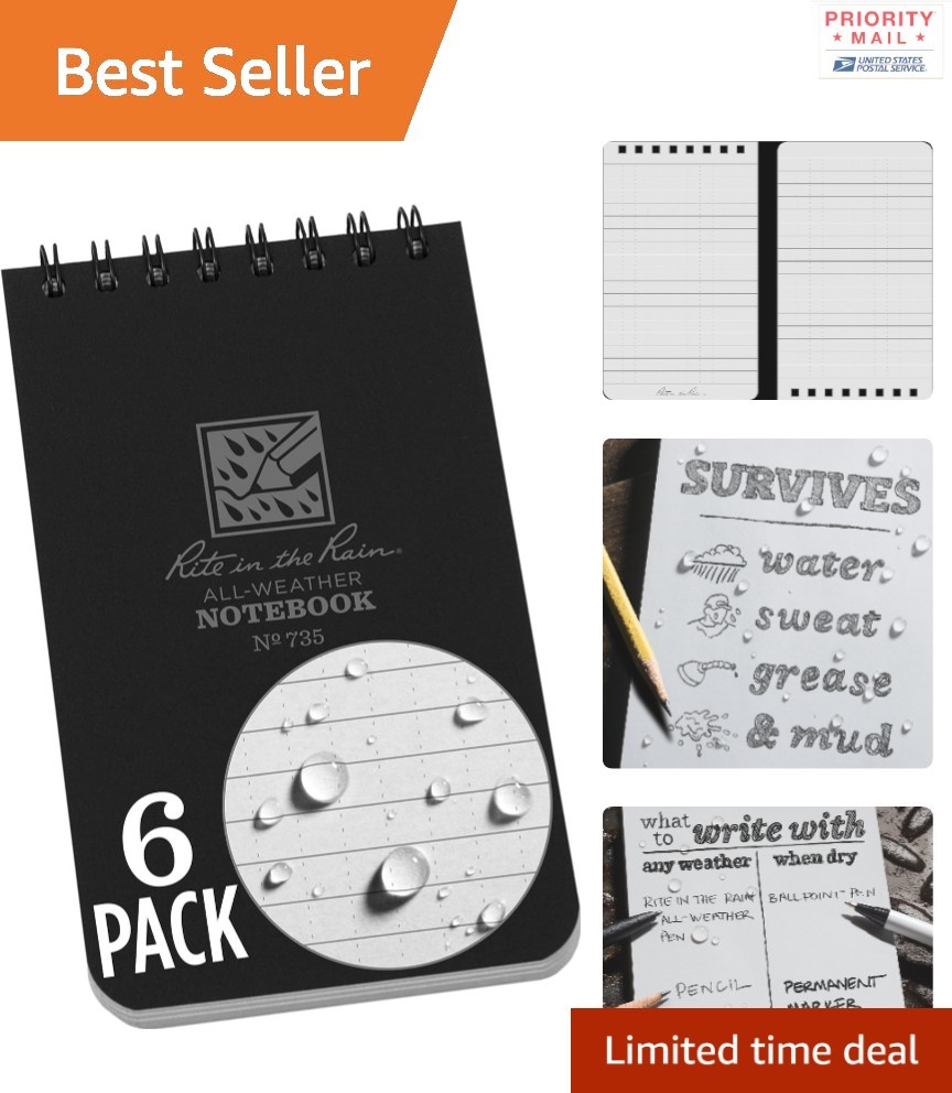 Weatherproof Spiral Notebook 3 x 5 Black Cover Portable 6 Pack Waterproof Paper