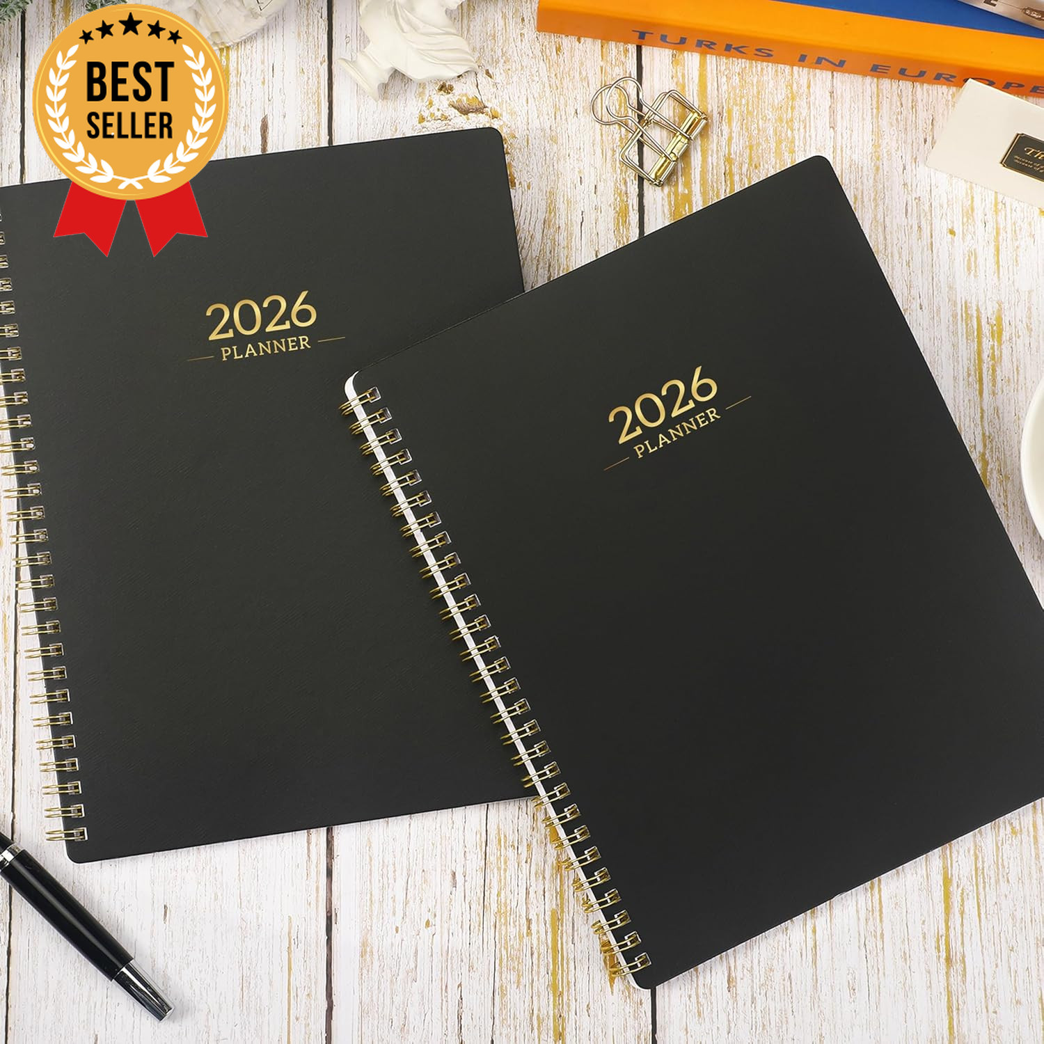 2026 Planner Calendar 8×10 Weekly Monthly Tabs Twin-Wire Binding Black Cover