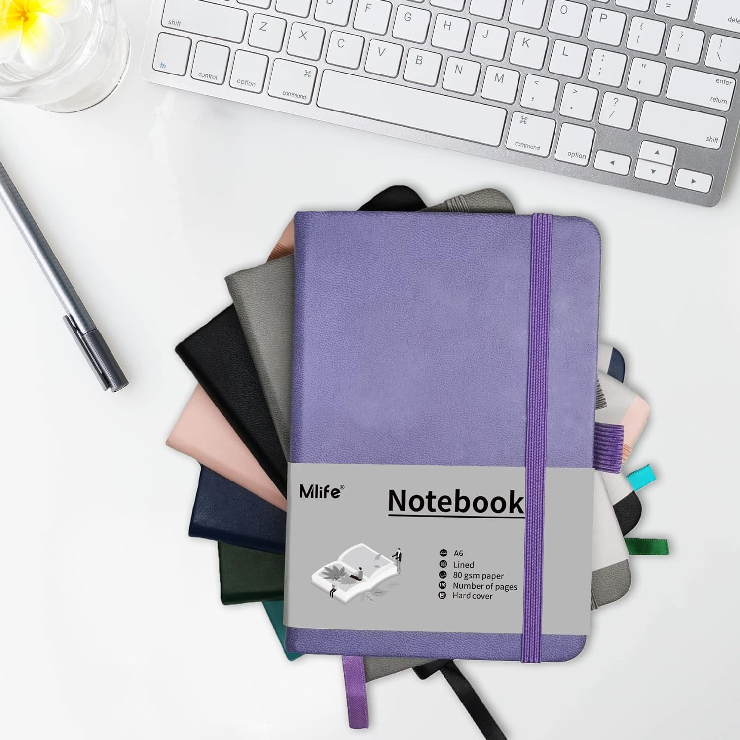 A6 Hardcover Lined Pocket Notebook with Pen Holder, 192 Pages, Purple