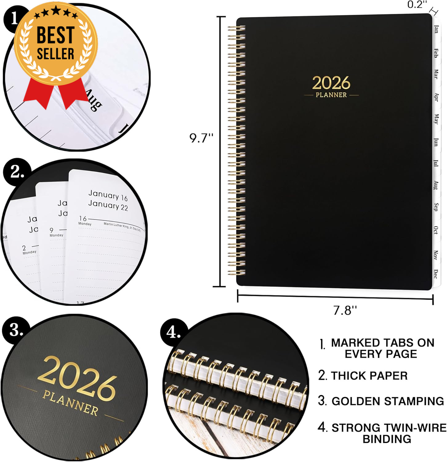 2026 Planner Calendar 8×10 Weekly Monthly Tabs Twin-Wire Binding Black Cover