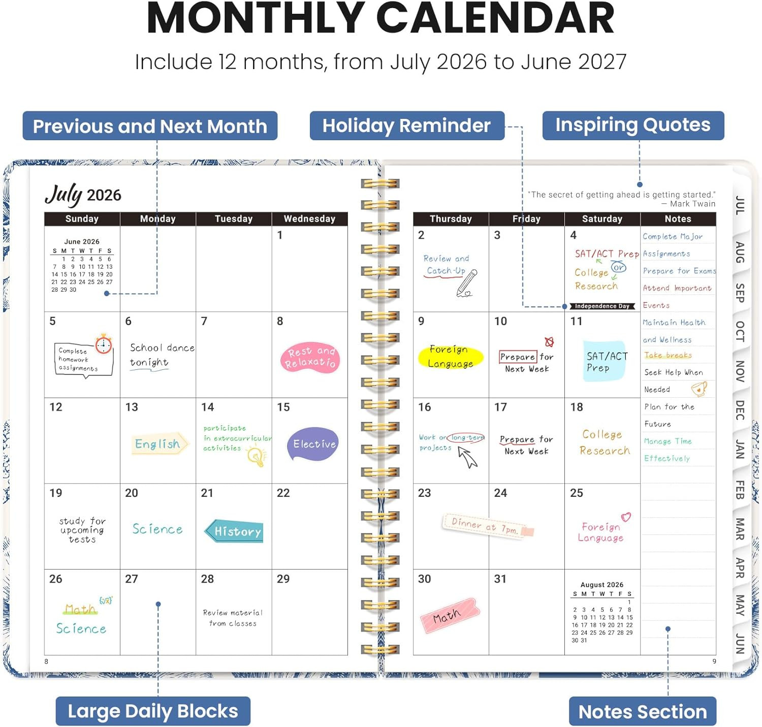 Planner 2026-2027, Hardcover Monthly and Weekly Academic Planner July 2026 – Jun