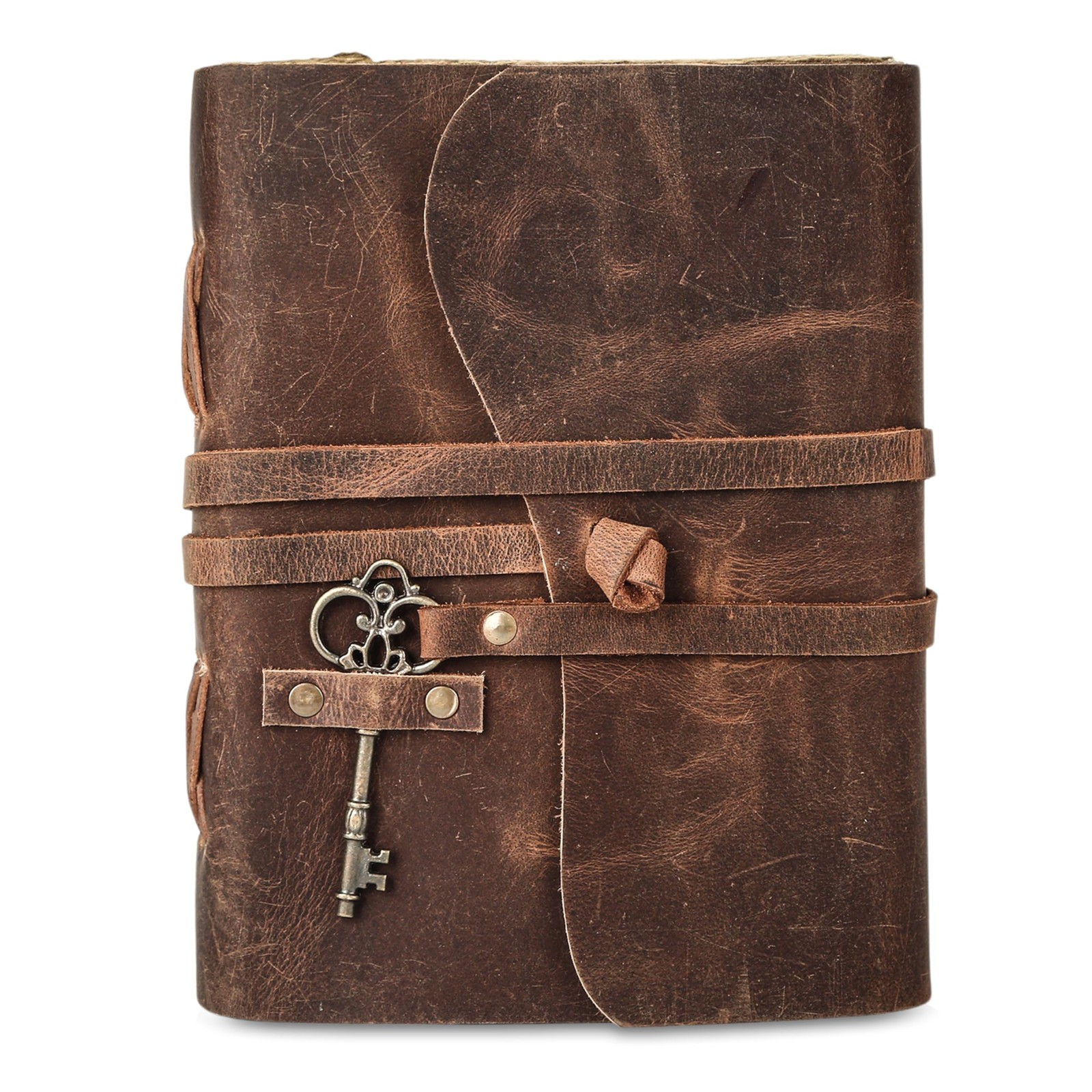 Leather Journal with Deckle Edge Paper 8×6 inch and Vintage Key 8 x 6, Brown