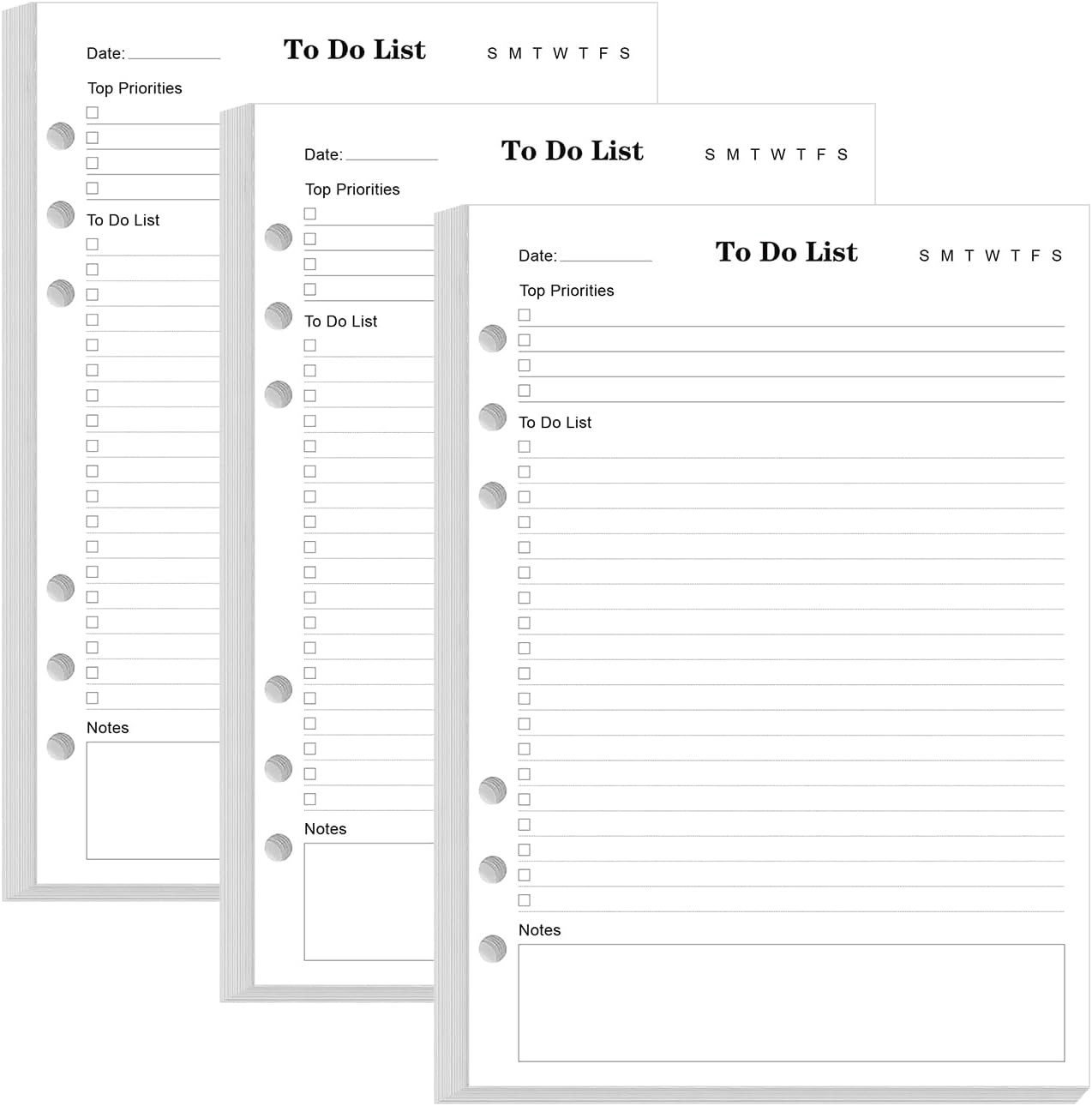 (3 Pack) to Do List Inserts for A5 Binder – 6 Hole Punched Daily Planner Refills