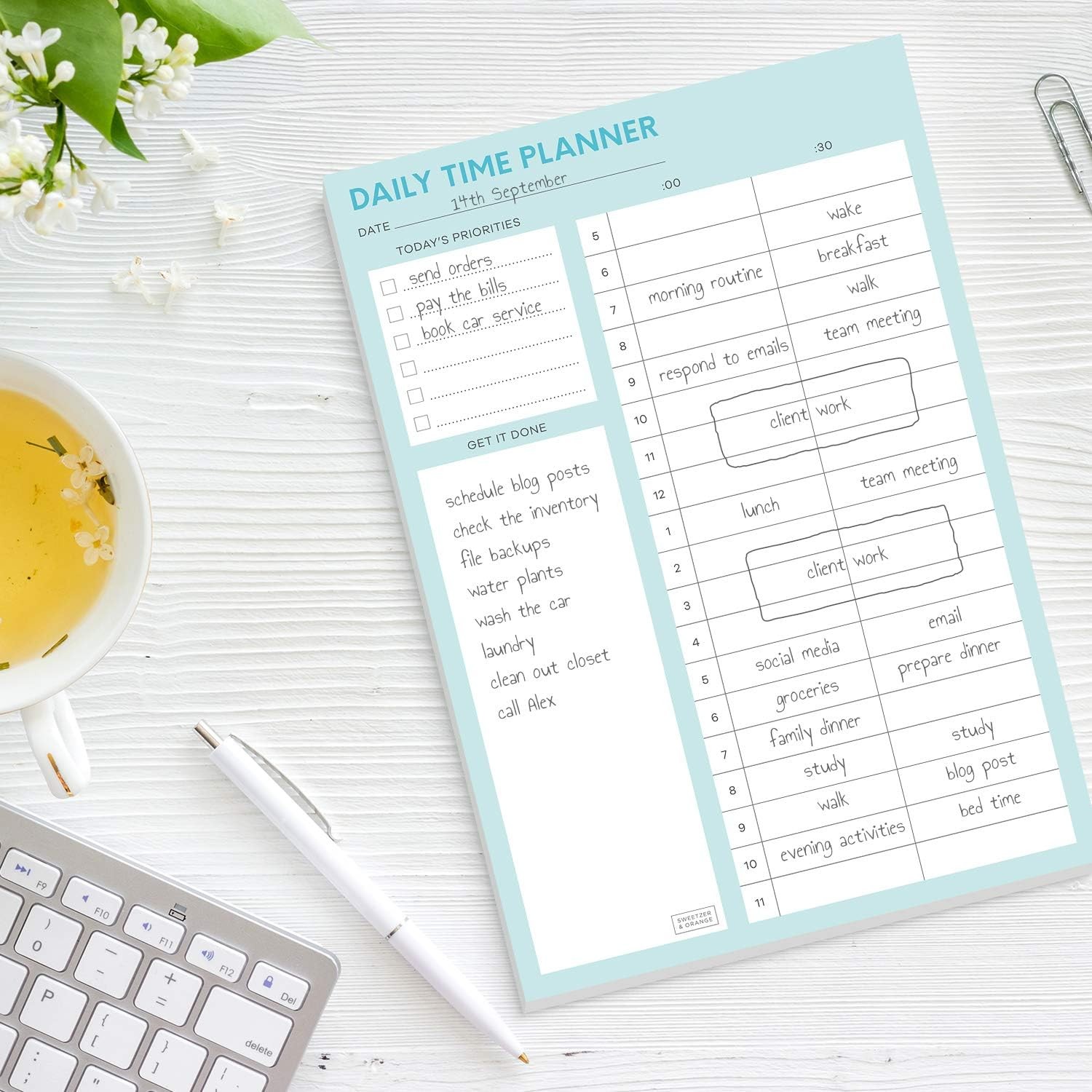 Sweetzer & Orange Time Block Planner. Undated Organizer To Do List Notepad. 7×10