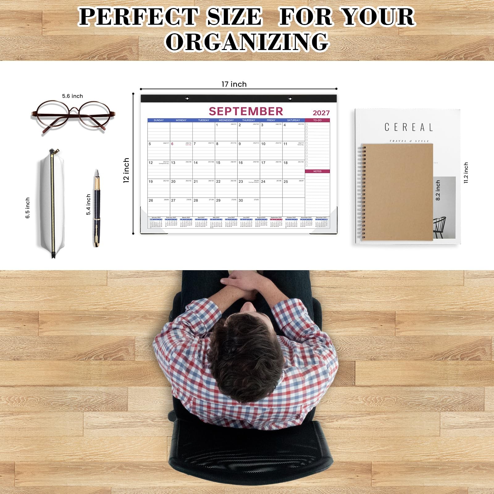 Desk Calendar 2026-2027 – 17″ x 12″, Black, Grey, Blue, Purple, Red
