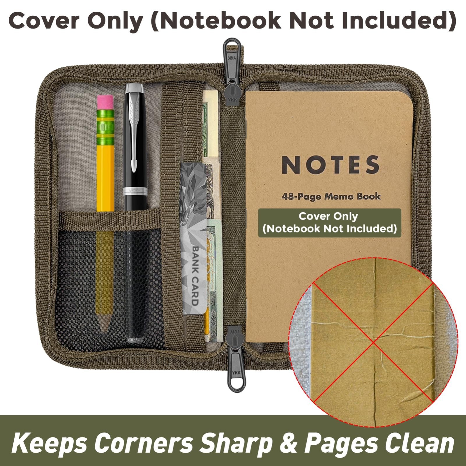 Waxed Canvas Journal Cover for Field Notes & Moleskine, YKK Zipper, 3.5″x5.5″, W