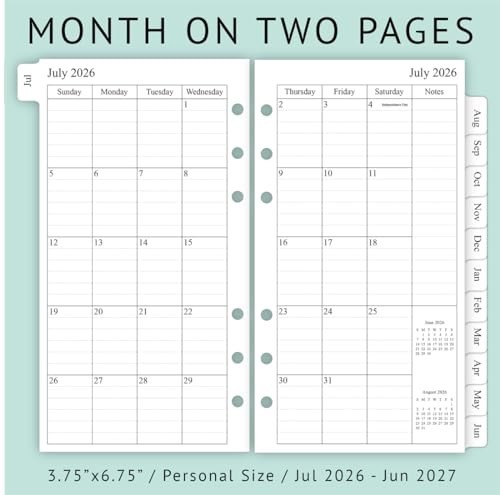 Planner Refill 3.75×6.75 Inch Jul 2026 Jun 2027 Weekly Monthly A6 Ring Binder