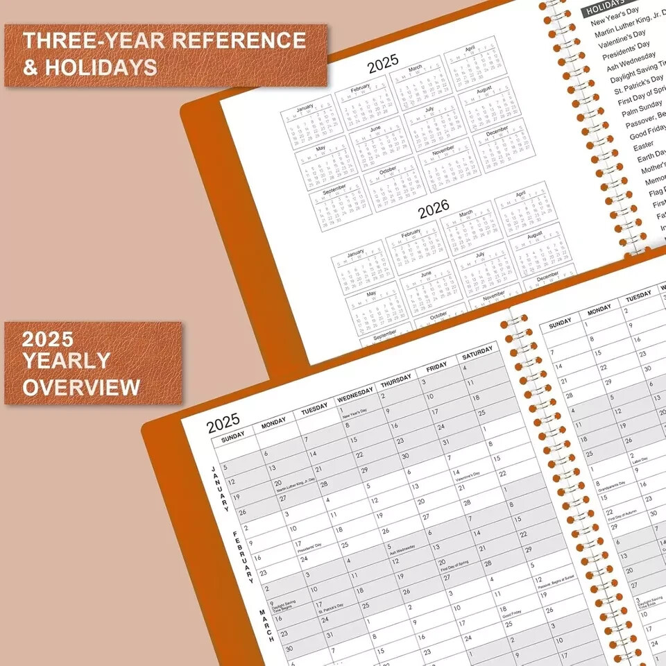 Monthly Planner Jan-Dec 2025 Twin-Wire Organizer Leather Cover Planner, Brown