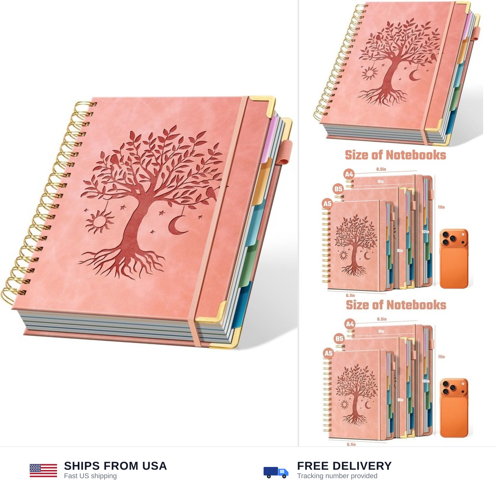 Ovesmusl Hardcover Spiral Notebook 8″ x 10″ with 5 Removable Dividers 300 Pag…