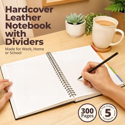 Hardcover Leather Lined Spiral Notebook 8×10″ with Removable Dividers – Black –