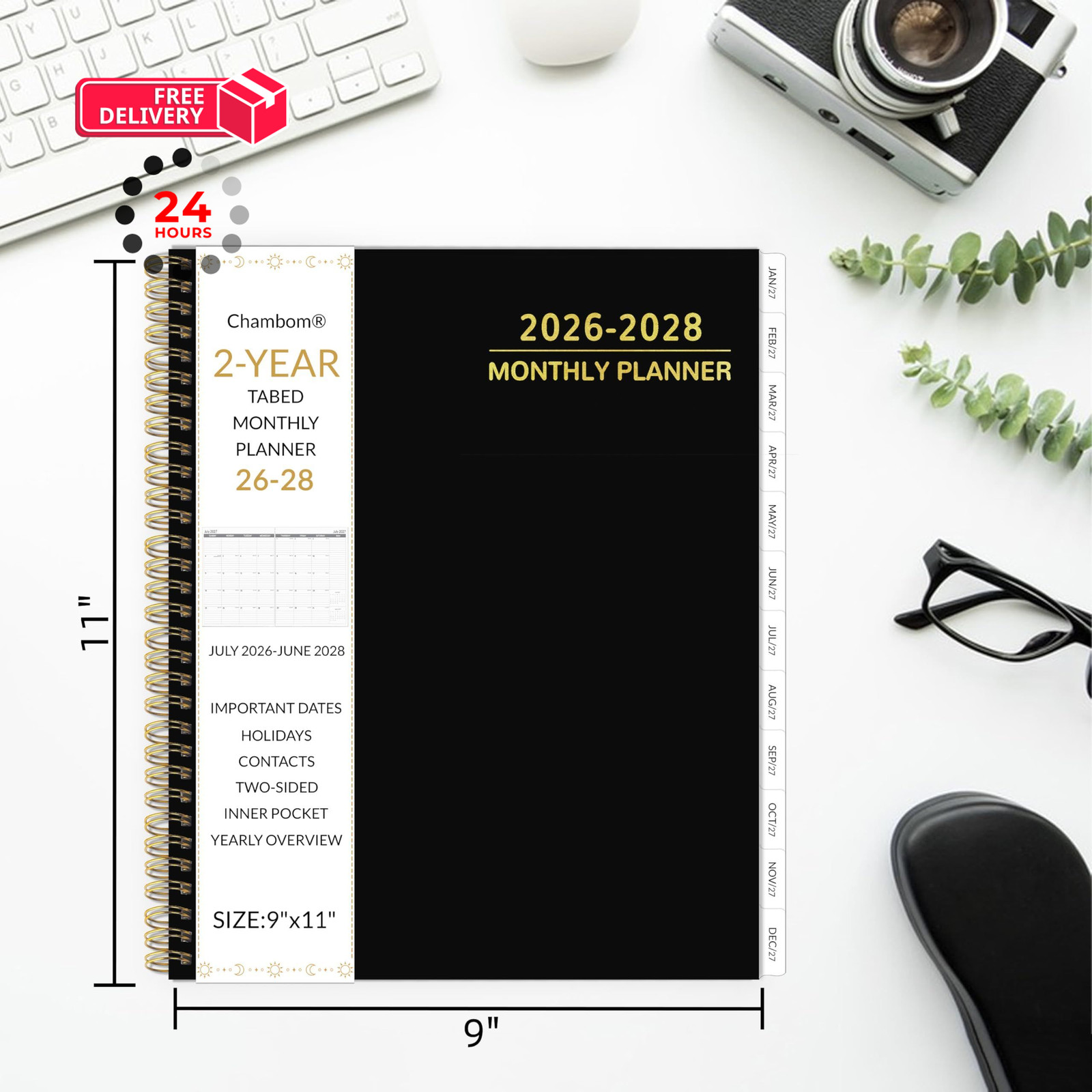 2026-2028 Monthly Planner 2 Year 9 X 11 inches, Black