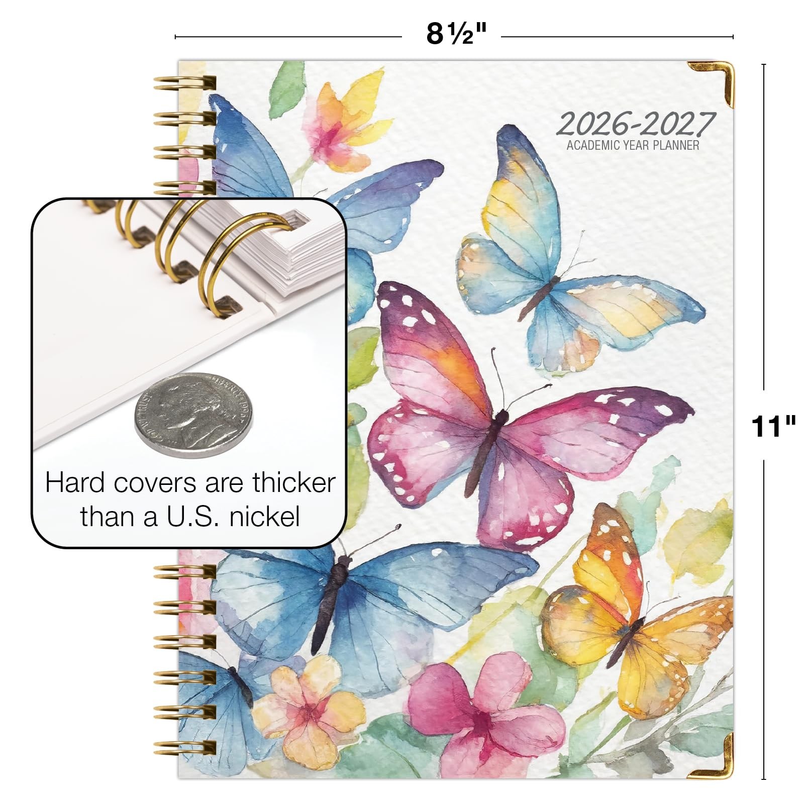 HARDCOVER Academic Year 2026-2027 Planner: 8.5″ x 11″, Watercolor Butterflies