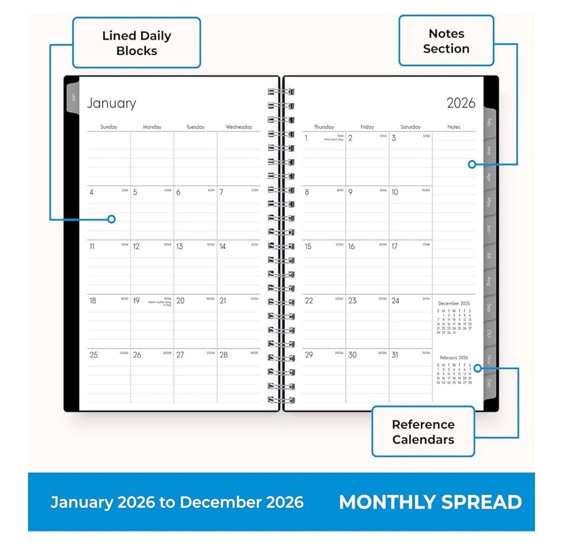 Blue Sky 2026 Weekly and Monthly Black Spiral Planner Calendar Jan-Dec 5″x 8″