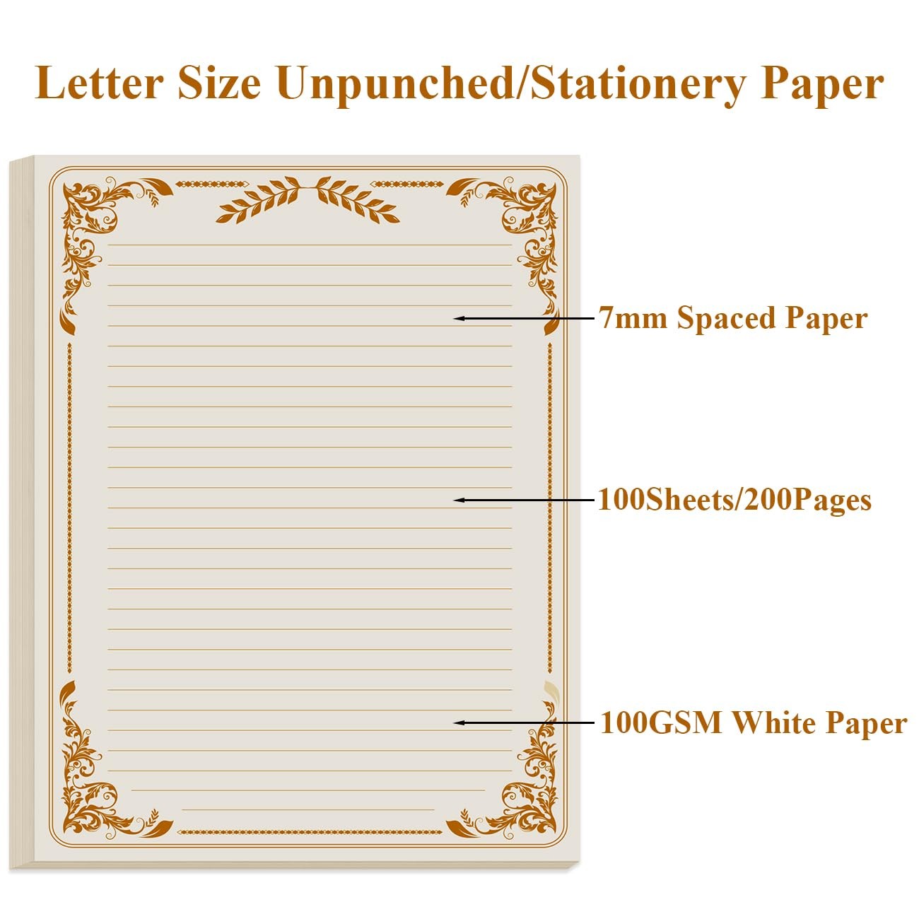 (2-Pack) Vintage Lined Letter Paper – 200 Sheets, Stationary 200 Gold