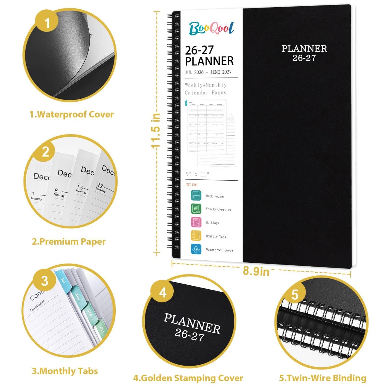 Planner 2026-2027 – Jul 2026 – Jun 2027, 9″ x 11″ Academic Black –