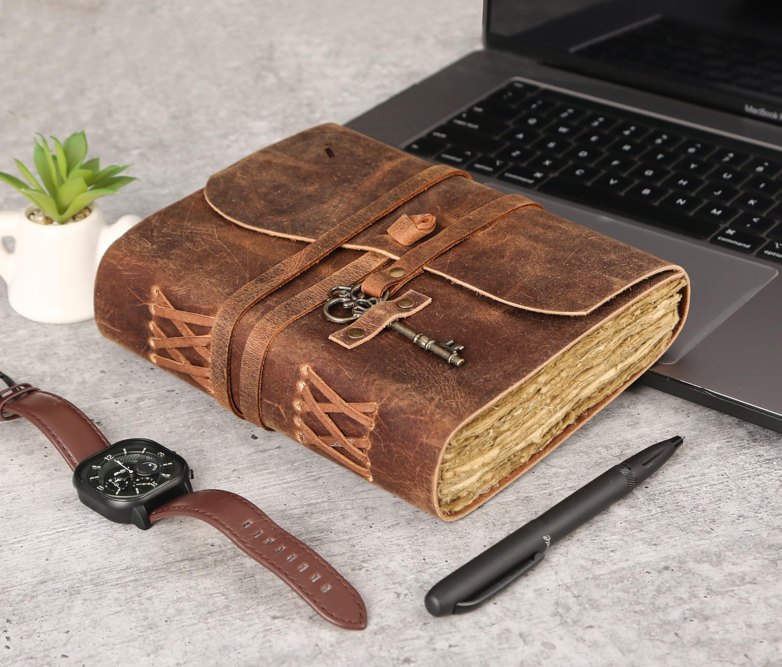 Leather Journal with Deckle Edge Paper 8×6 inch and Vintage Key 8 x 6, Brown