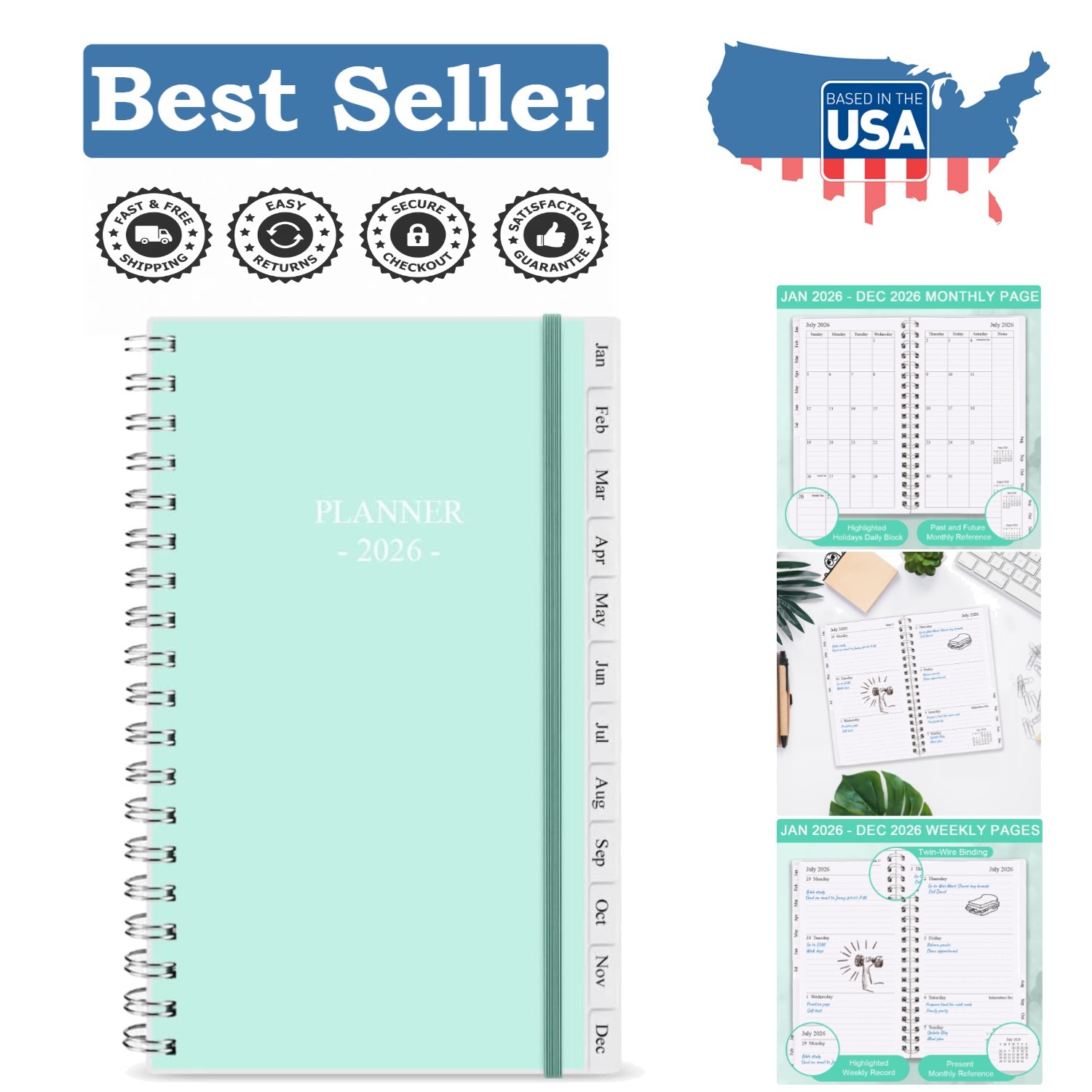 Stylish Teal 2026 Weekly Planner – A6 Size with Tabs for Easy Daily Organization