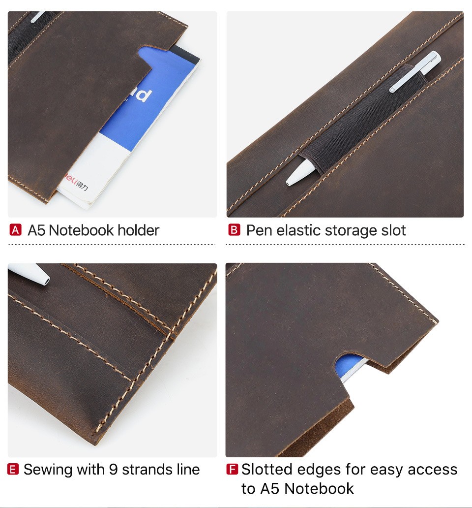 A5 Leather Notebook Cover With Pen Holder Crazy Horse Journal Sleeve Handmade