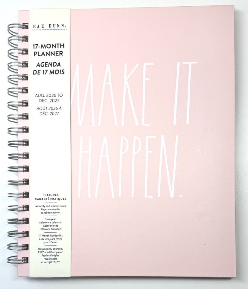 2027 Planner RAE DUNN Spiral Hard Cover 17-Month MAKE IT HAPPEN Pink White LARGE