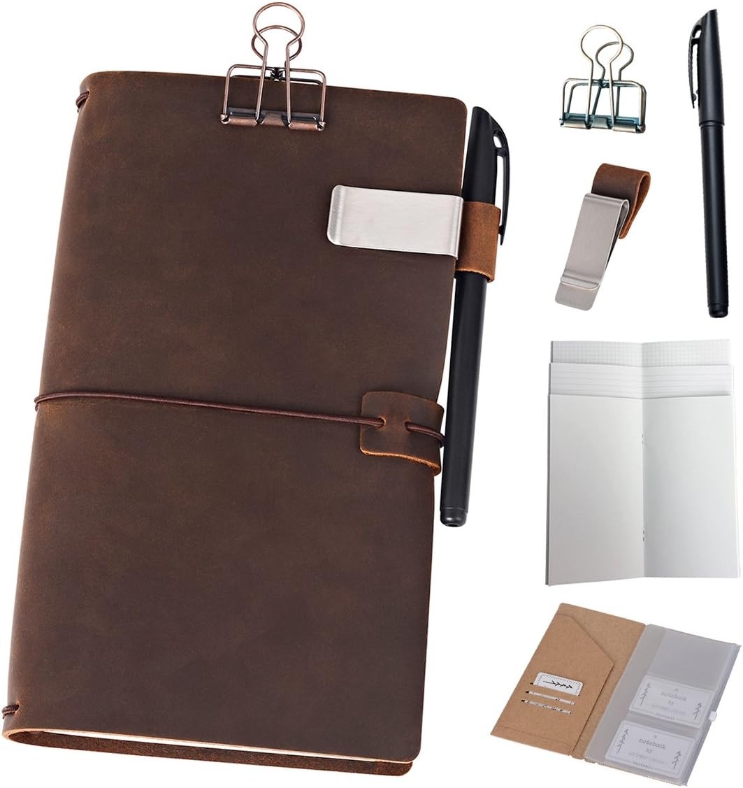 Refillable Leather Journal Travelers Notebook – 8.5 x 4.5 Travel Diary with 5…