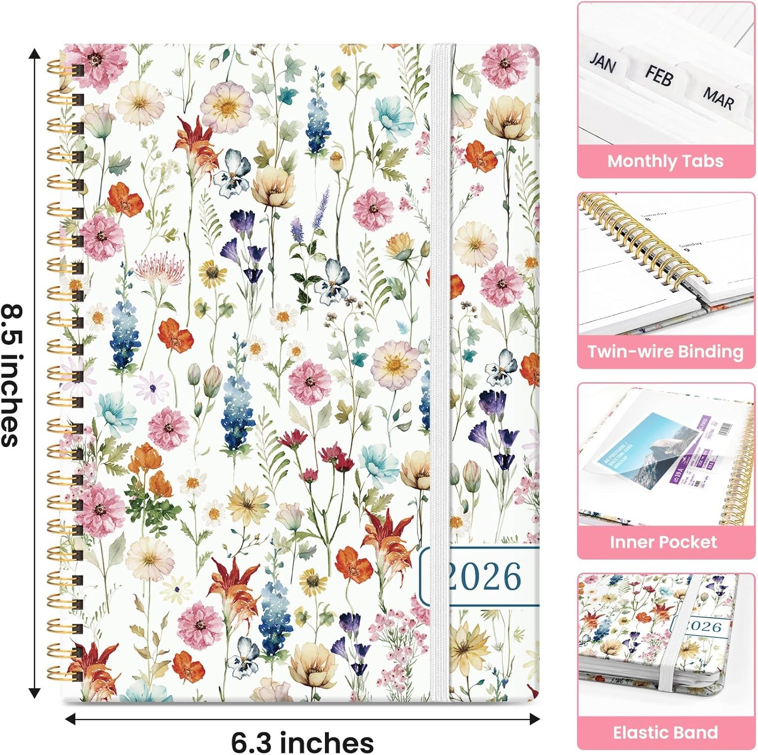 2026 Weekly and Monthly Planner Hardcover Spiral Bound Wildflowers 6.3″ x 8.5″