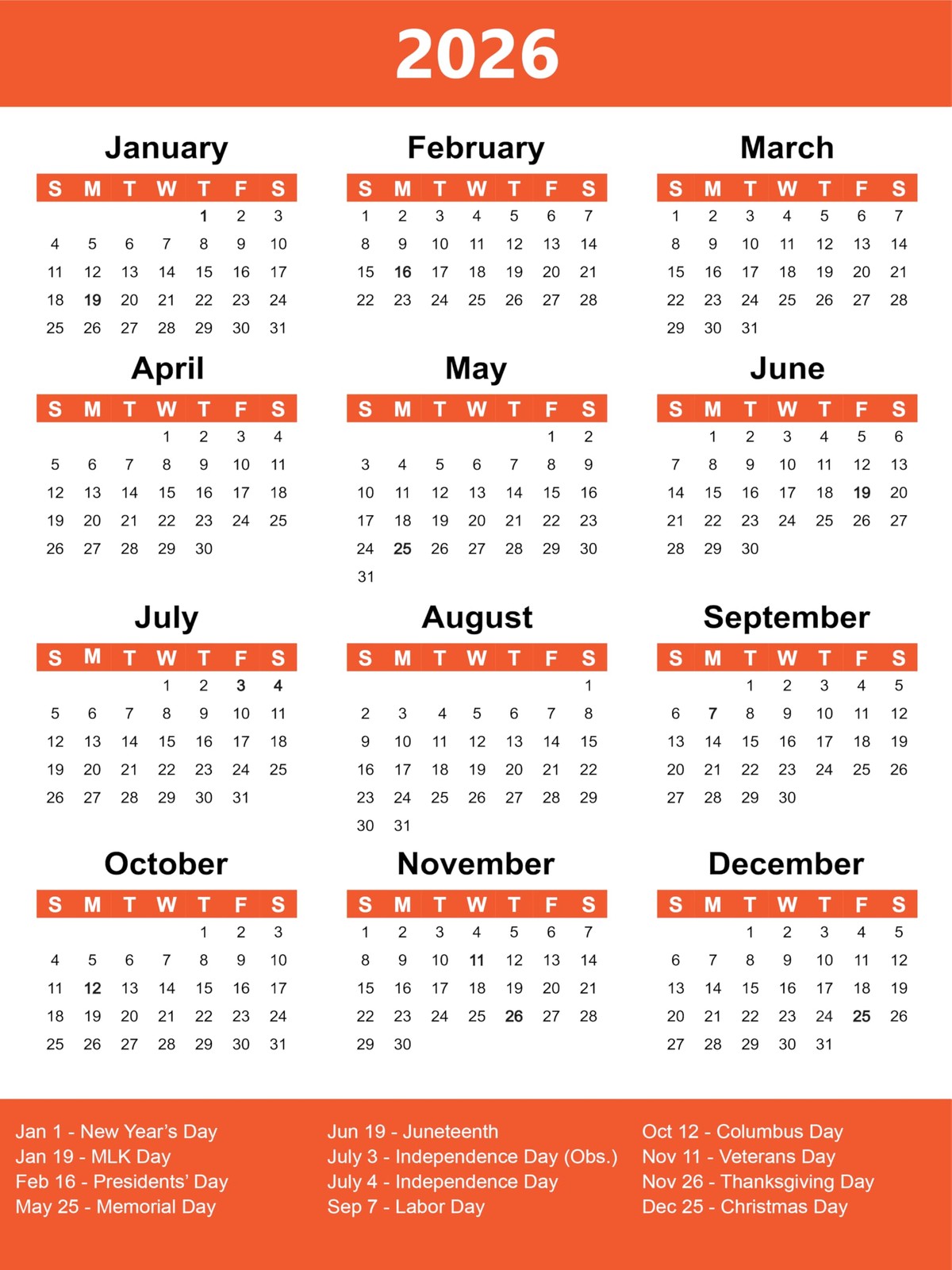 2026 Full Year Calendar Sticker | Vinyl Adhesive 7.5″W x 10″H, Burnt Orange