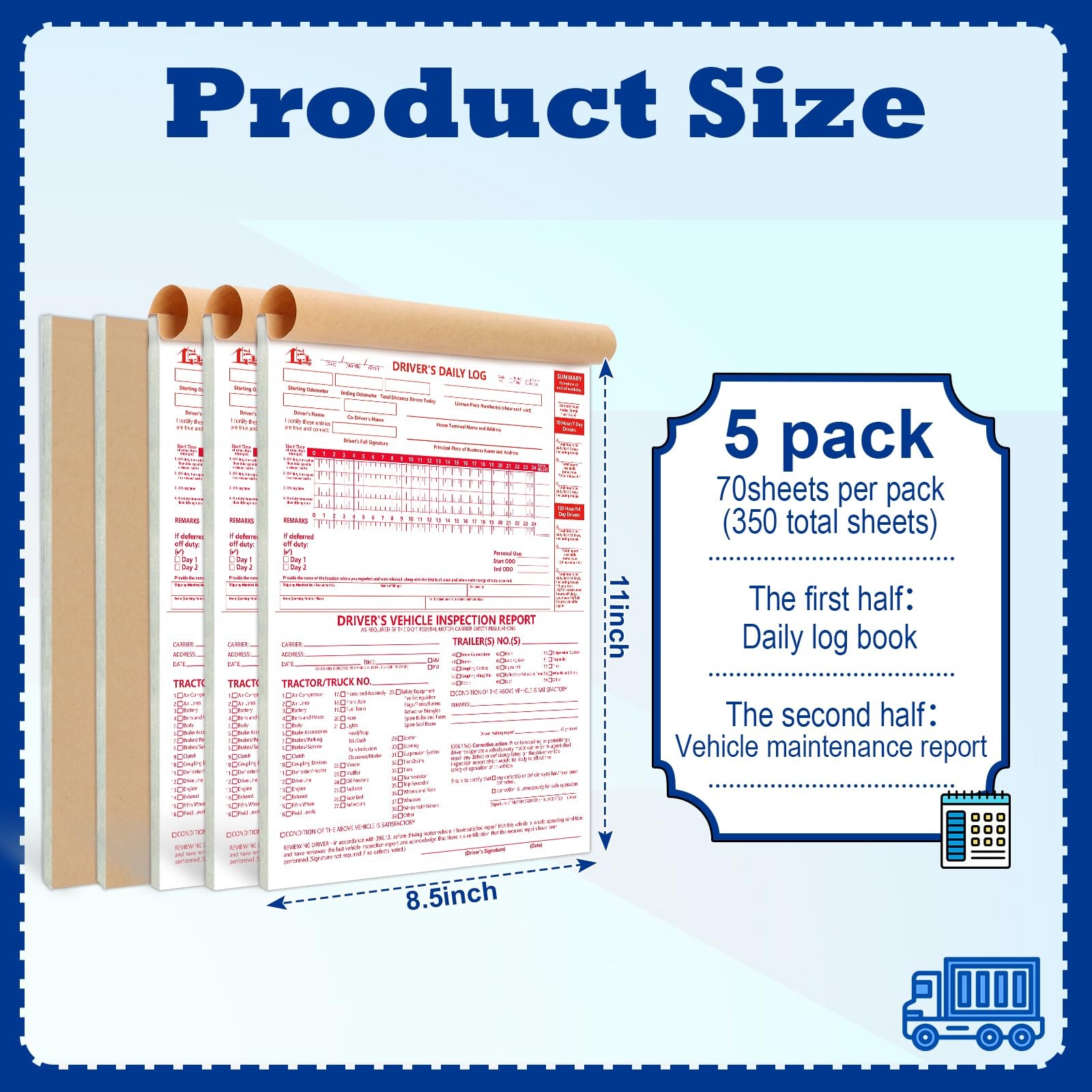 5 Pcs 8.5x11inch 2-in-1 Driver Log Books for Truckers Dot Log Book Driver Veh…