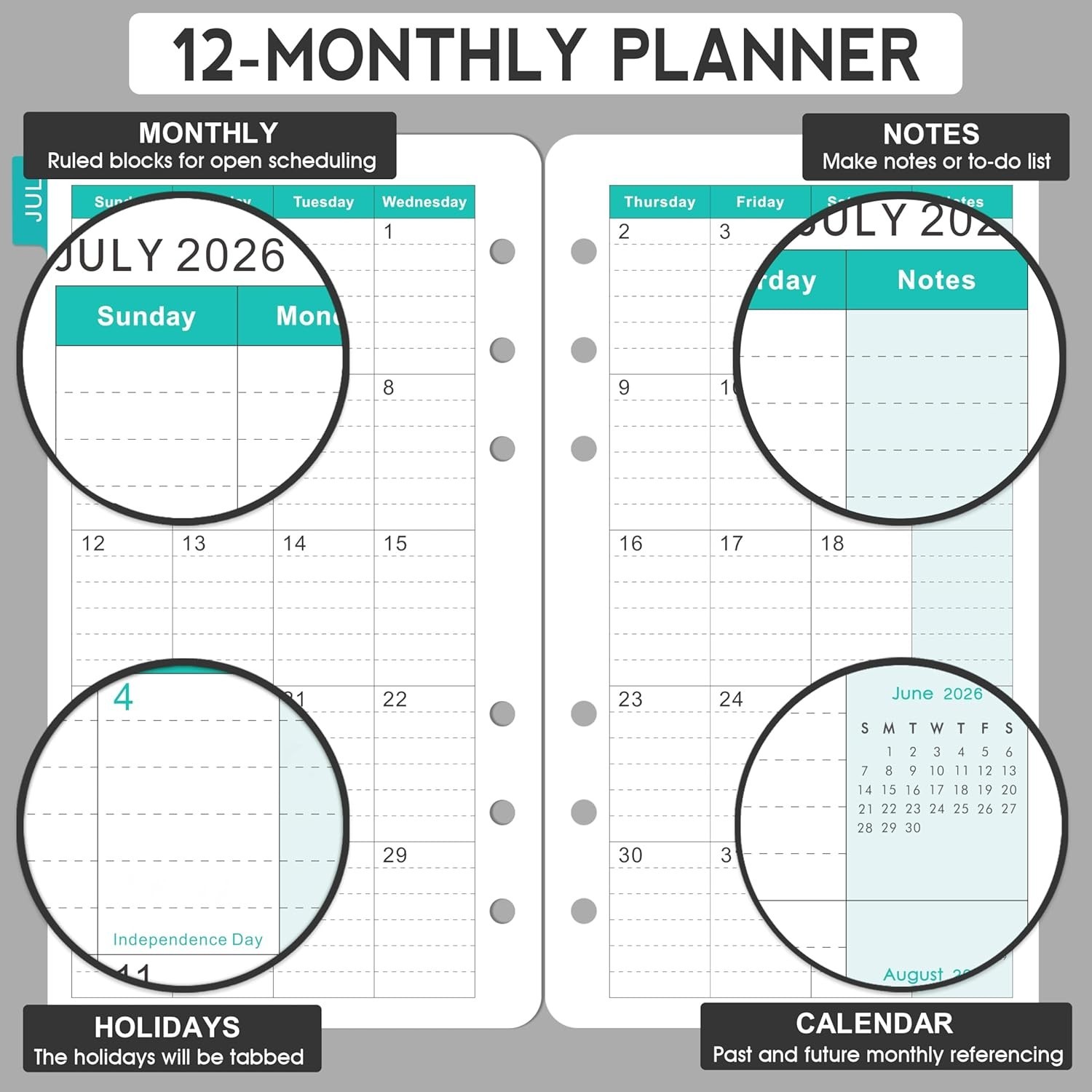 2026 Red Planner Refill 3.75 x 6.75 Weekly Monthly Pages Sunday Start