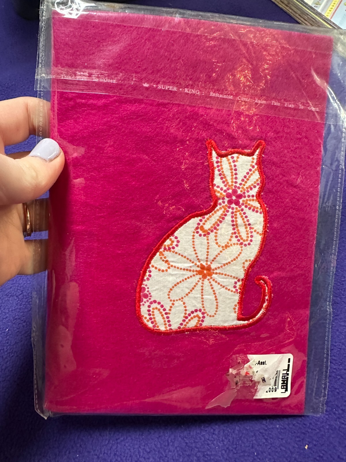 Hot Pink Cat Flower Embroidered Notebook Blank Pages Unlined New in Box Felt