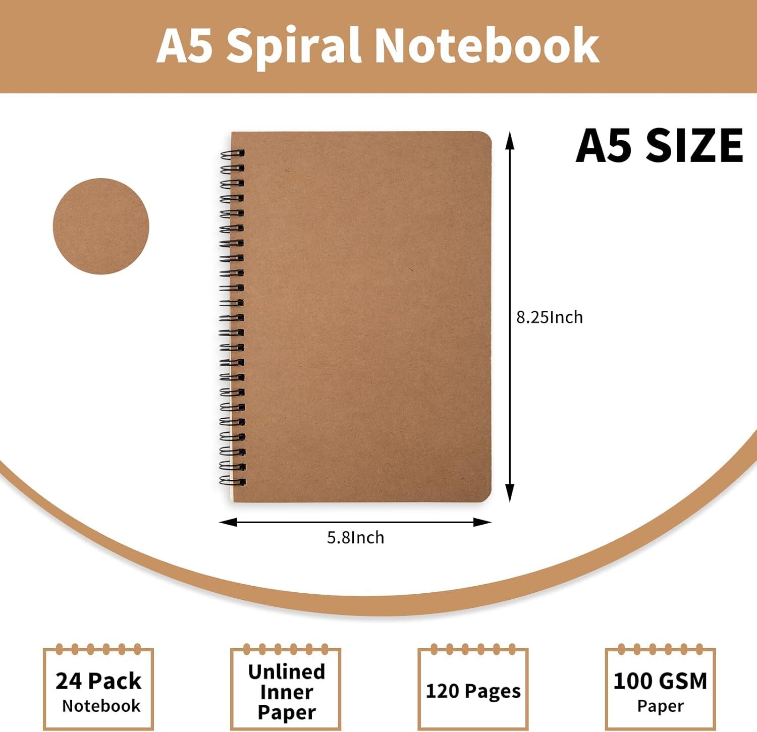 24Pack A5 Unlined Blank Spiral 120Pages 100GMS Paper Spiral Notebook Journals
