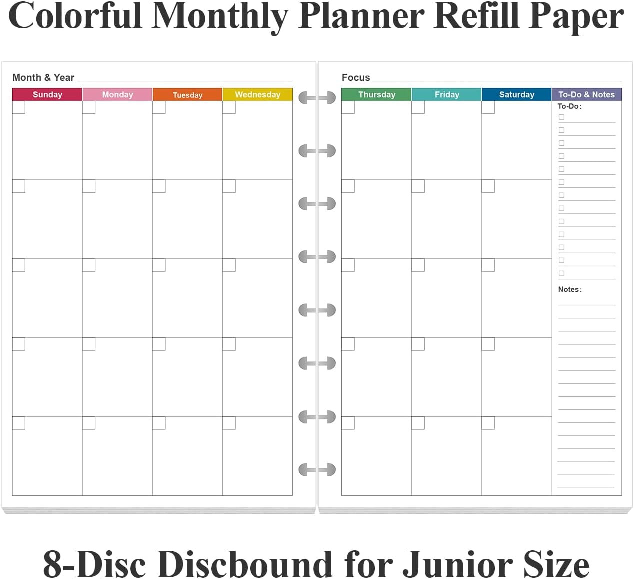 Junior Size Monthly Planner Refills – 53 Sheets/106 Pages Undated Colorful Mo…