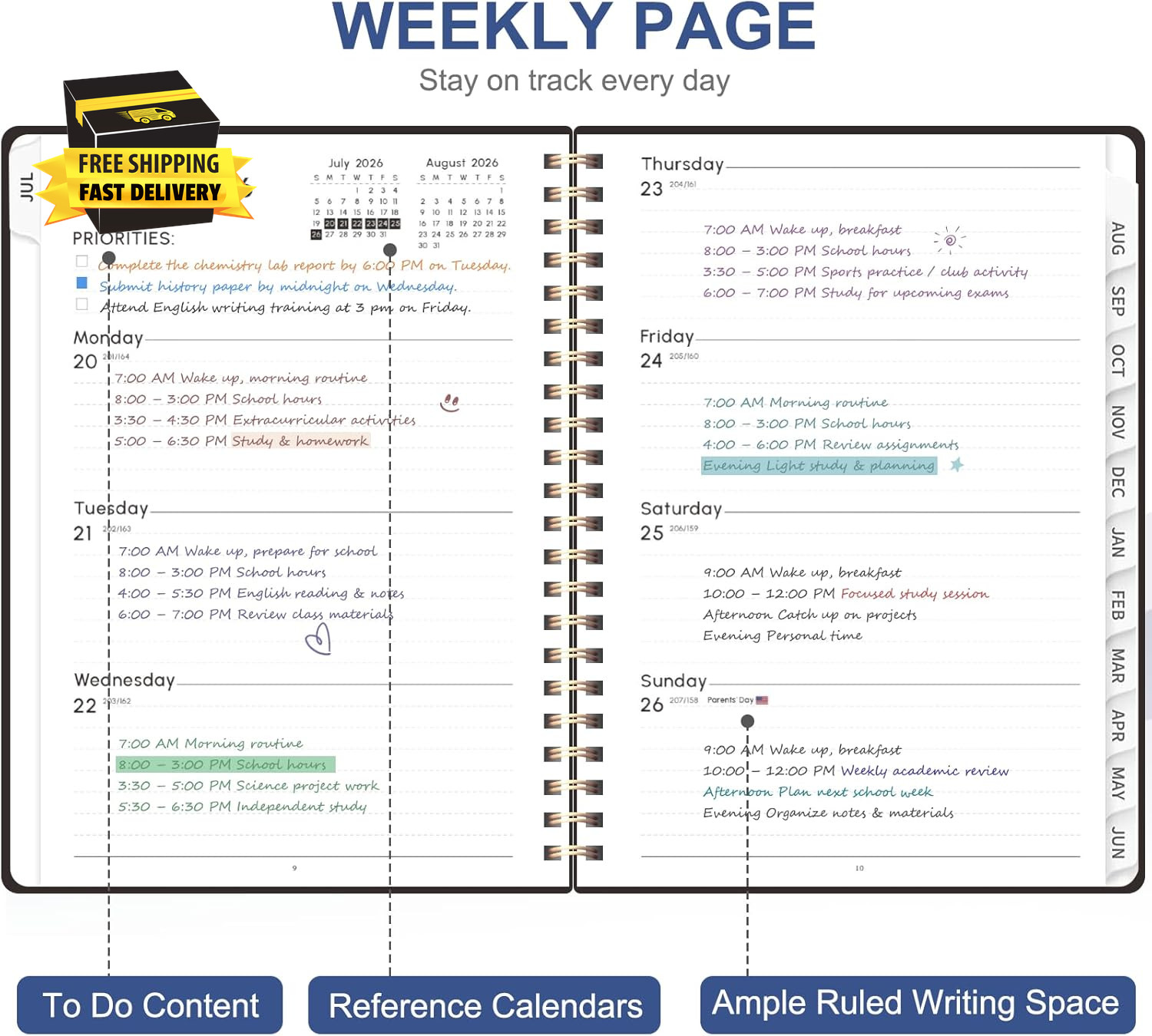 Planner 2026-2027, Weekly and Monthly Academic Year Calendar Planner, July 2026