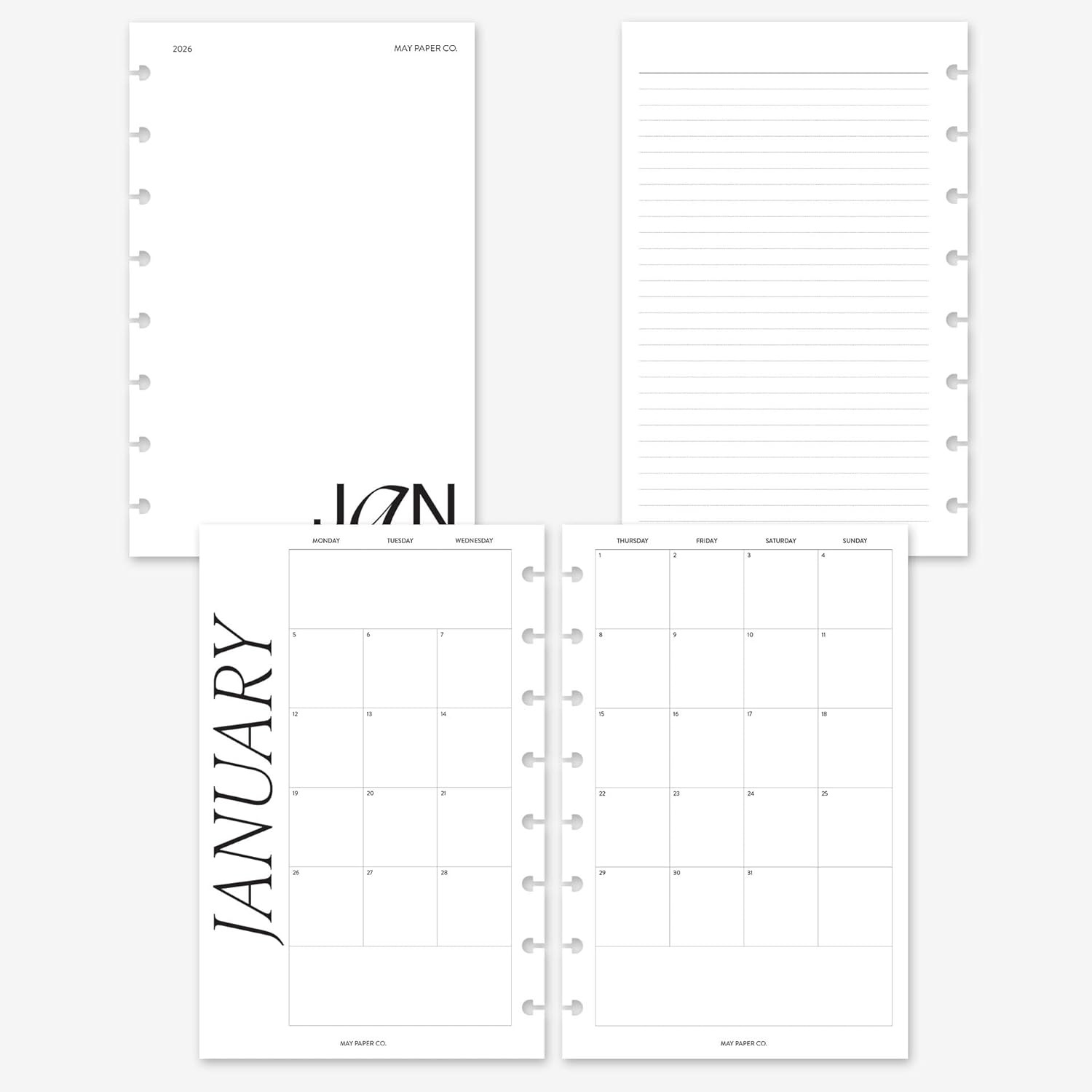 2026 Half Letter Classic Monthly Planner Refill, Month on Two Page Agenda Refill