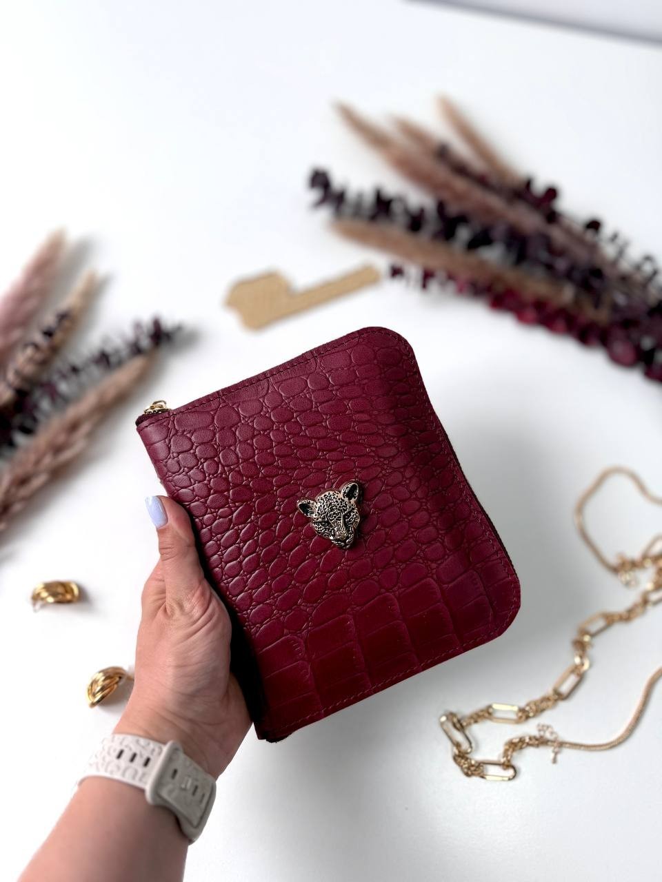 Luxurious Burgundy Genuine Leather A7 Pocket Planner – Golden Leopard Edition