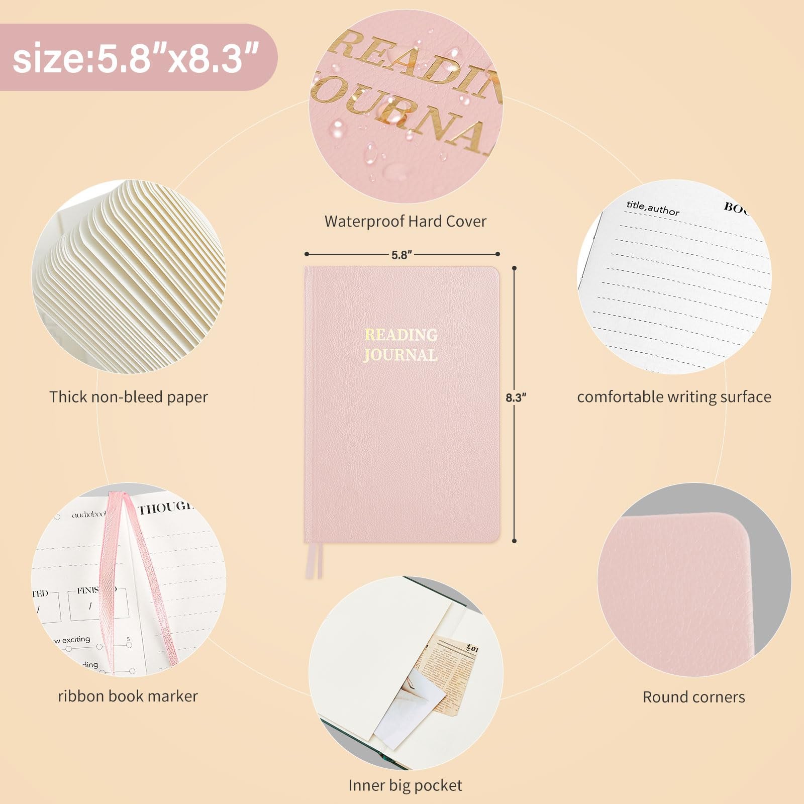 TSFPapier Pink Leather Reading Journal – Book Lovers Gift, Track 65 Books, 5.8″x