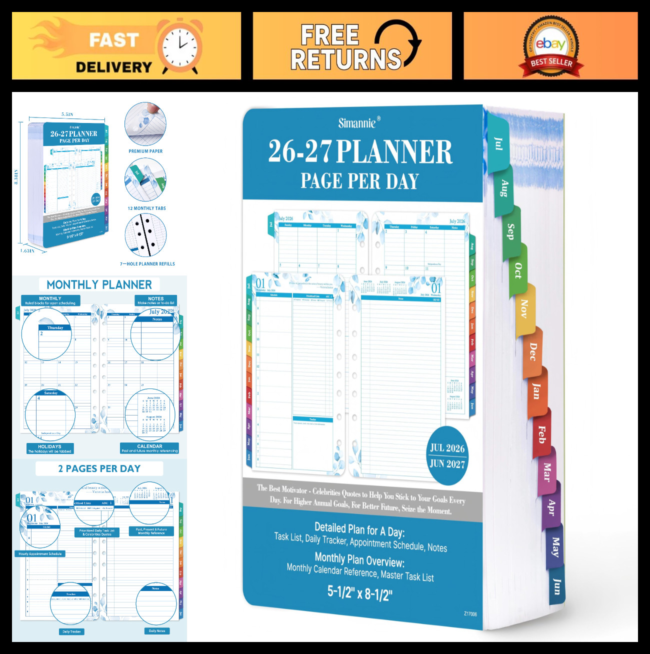 Daily Planner Refills 2026-2027, Two Pages Per Day, Monthly Inserts, 8.38″x5.51
