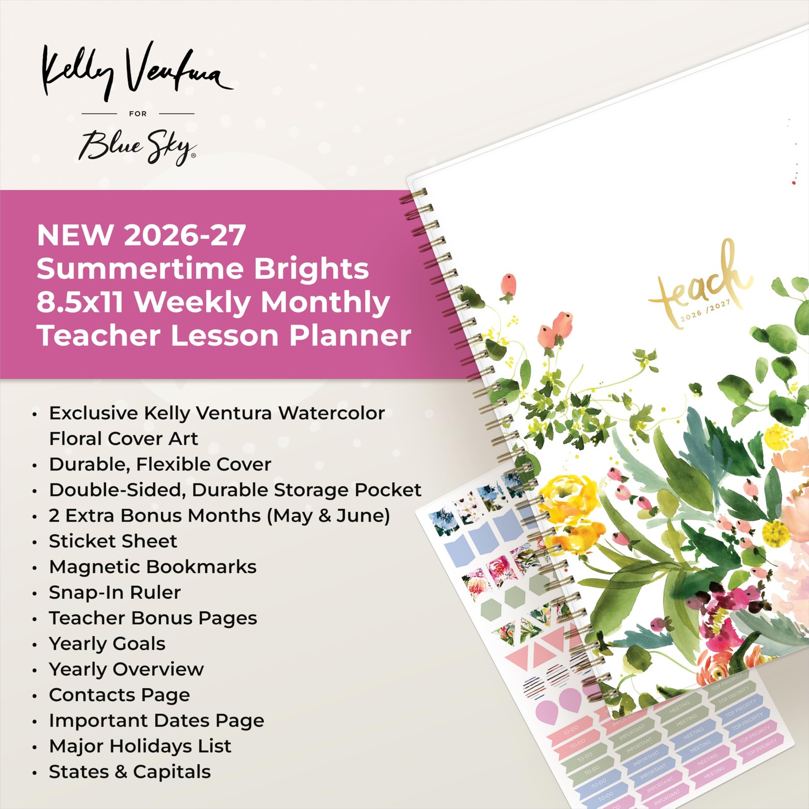 Blue Sky Kelly Ventura 2026-2027 8.5″ x 11″, Summertime Brights- 2026/2027