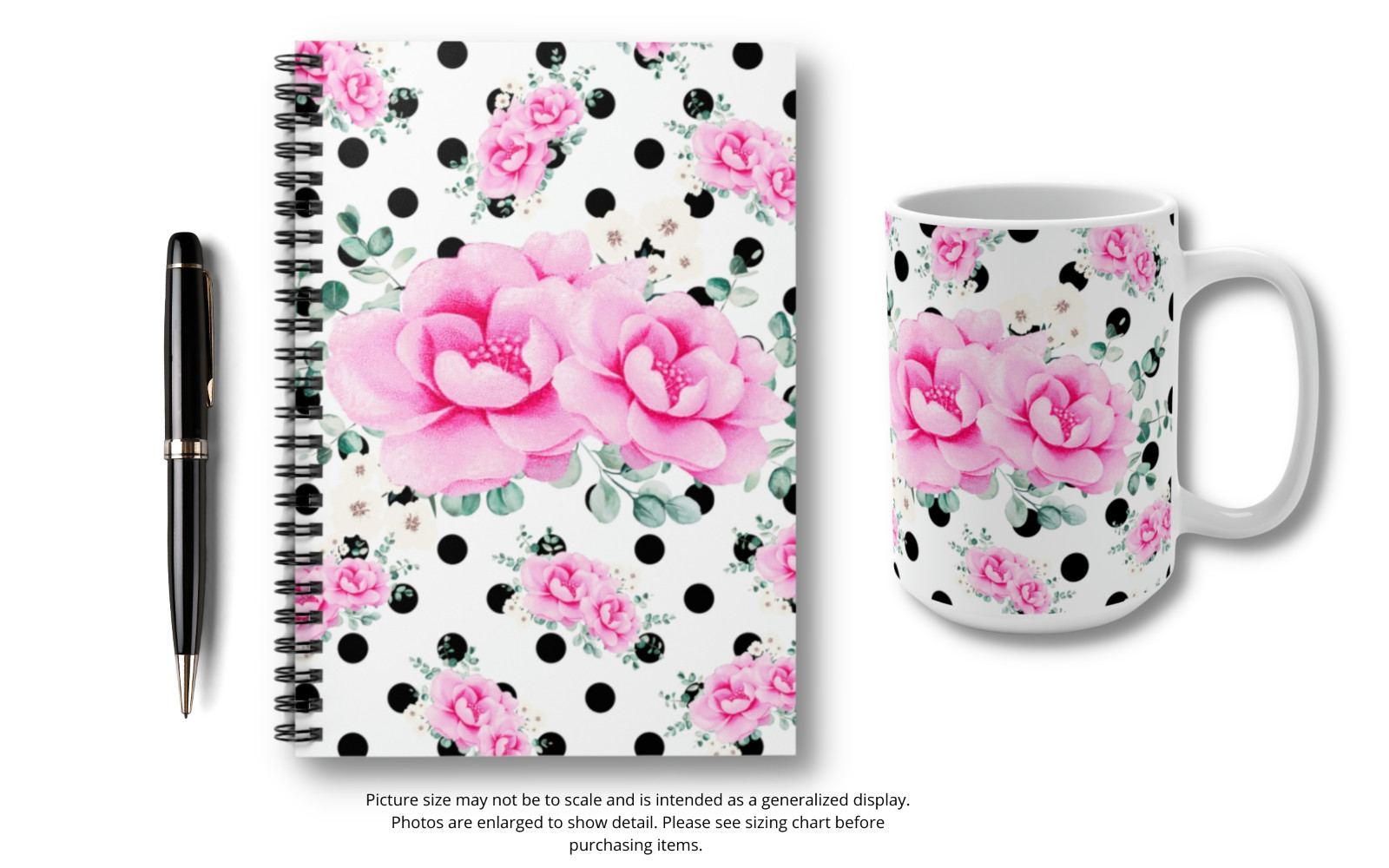 Small Spiral Notebook-Magenta Pink Floral-Black Polka Dots-White