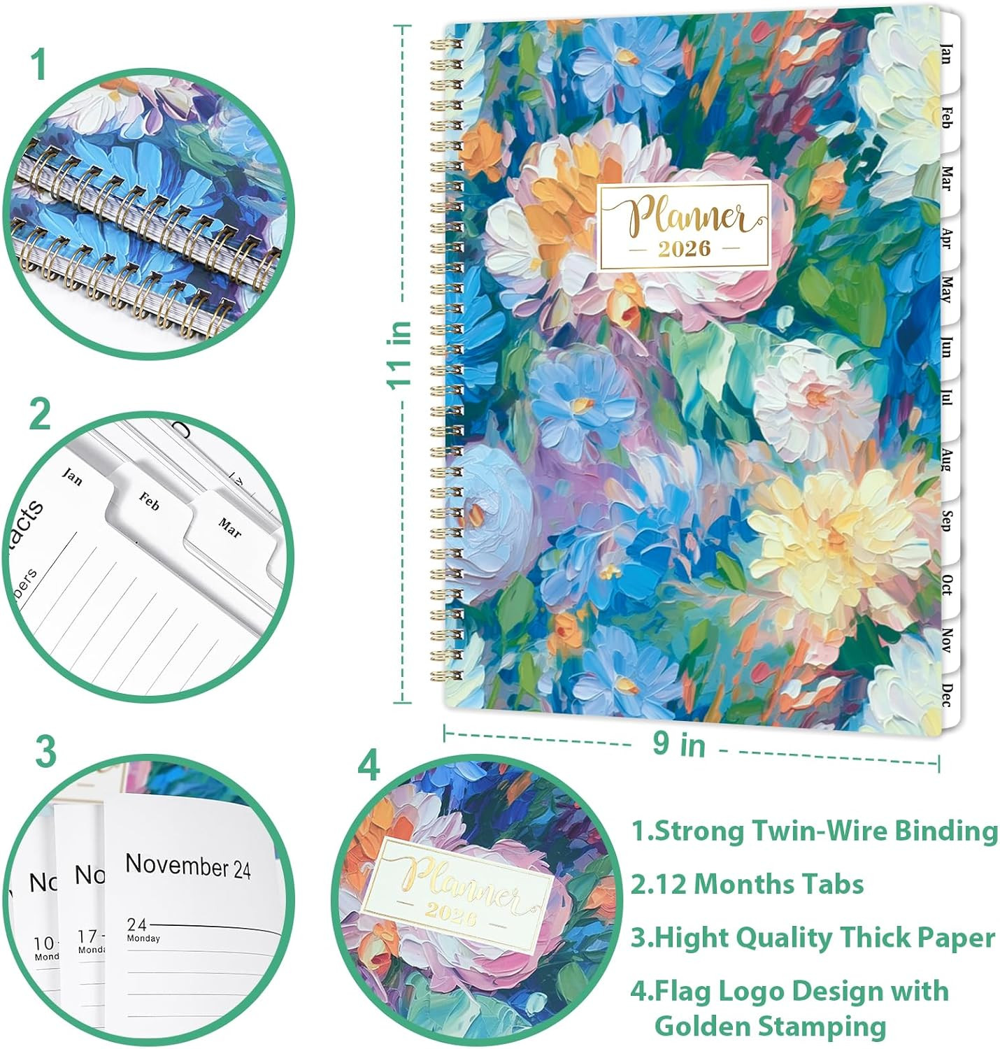 2026 Planner Daily Weekly Monthly 8.5×11 Colorful Tabs Floral Organizer