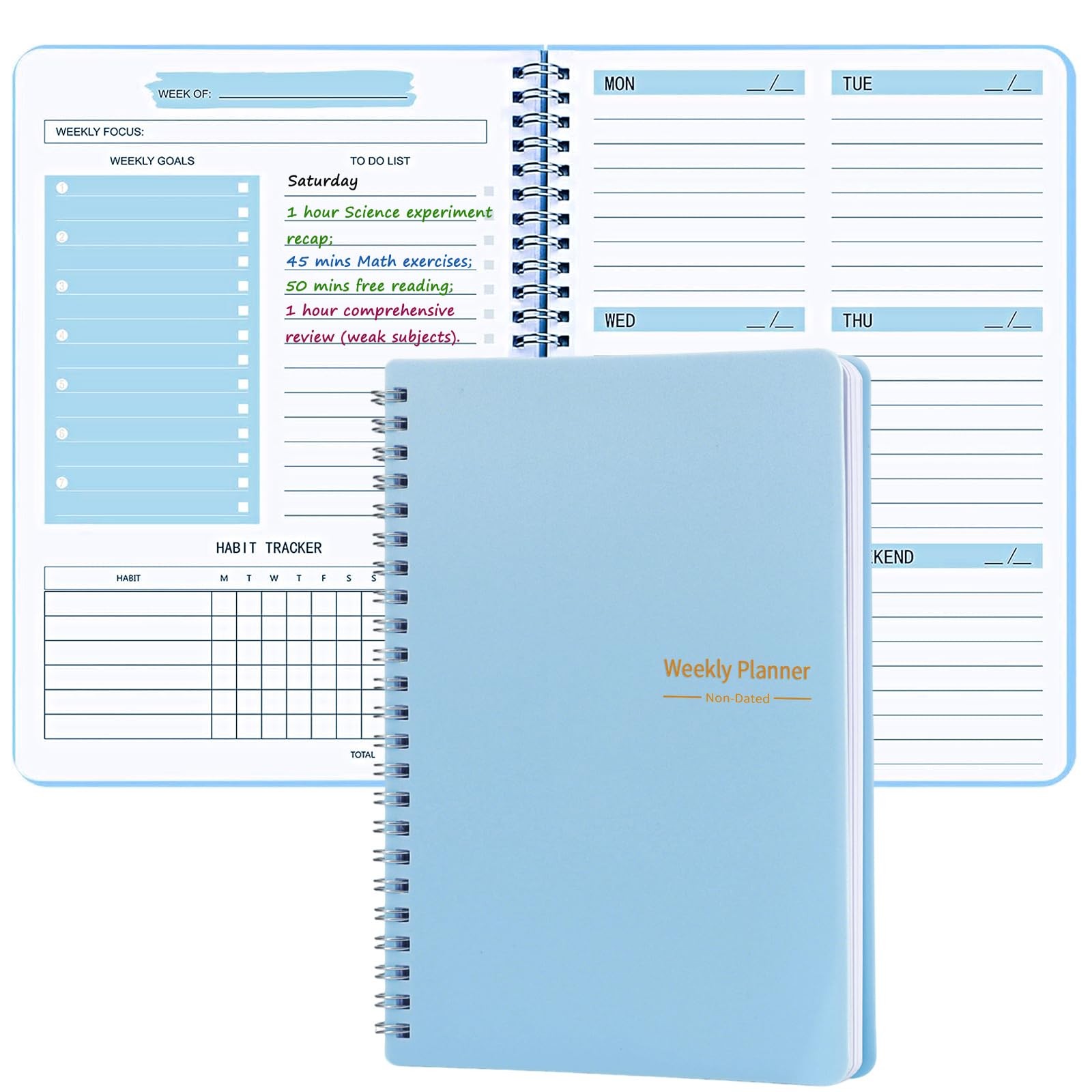 Undated Weekly Planner with Goal & Habit Tracker Notebook, Small Light Blue