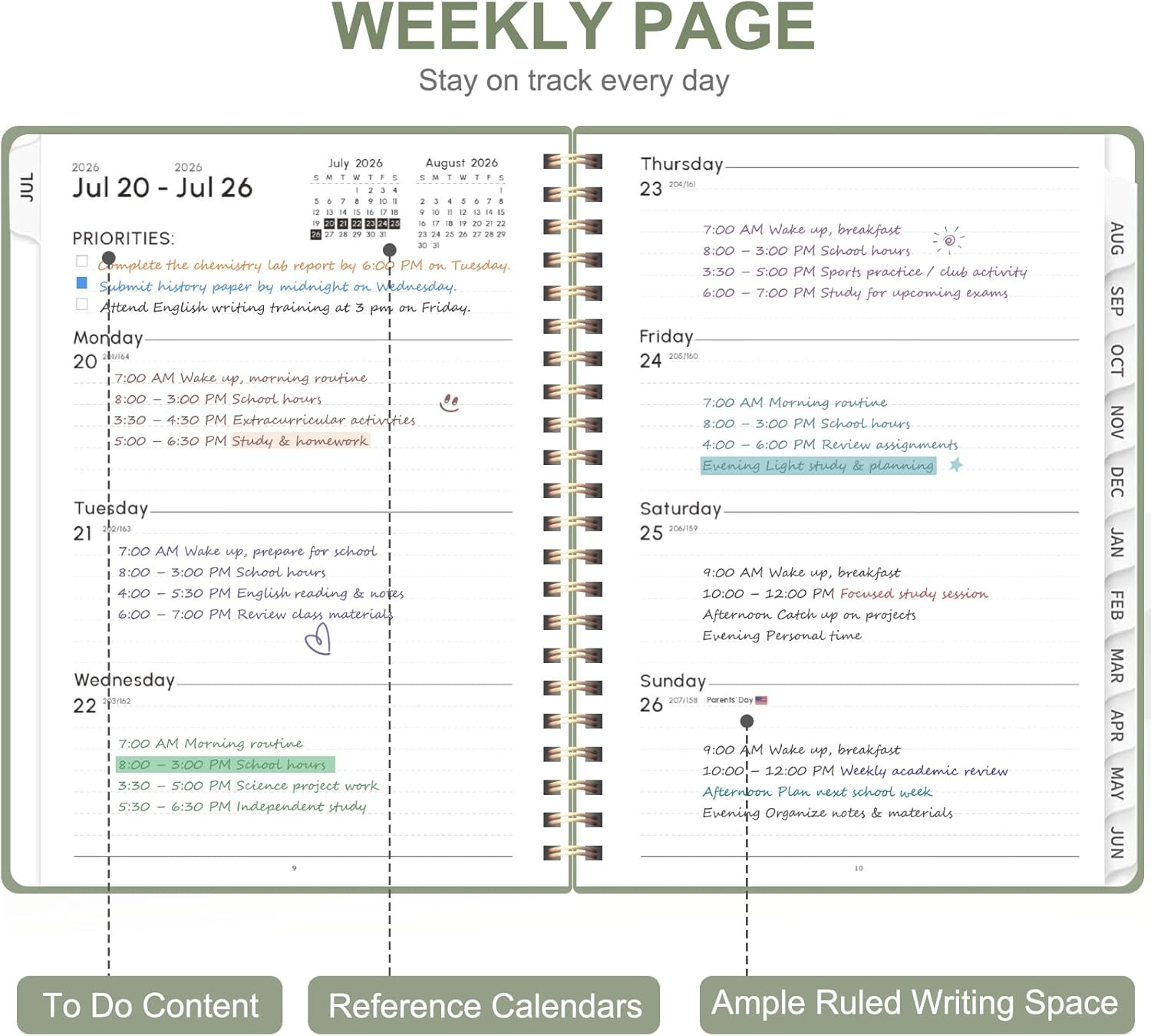 Planner 2026-2027, Academic Weekly and Monthly Calendar Planner, July 2026