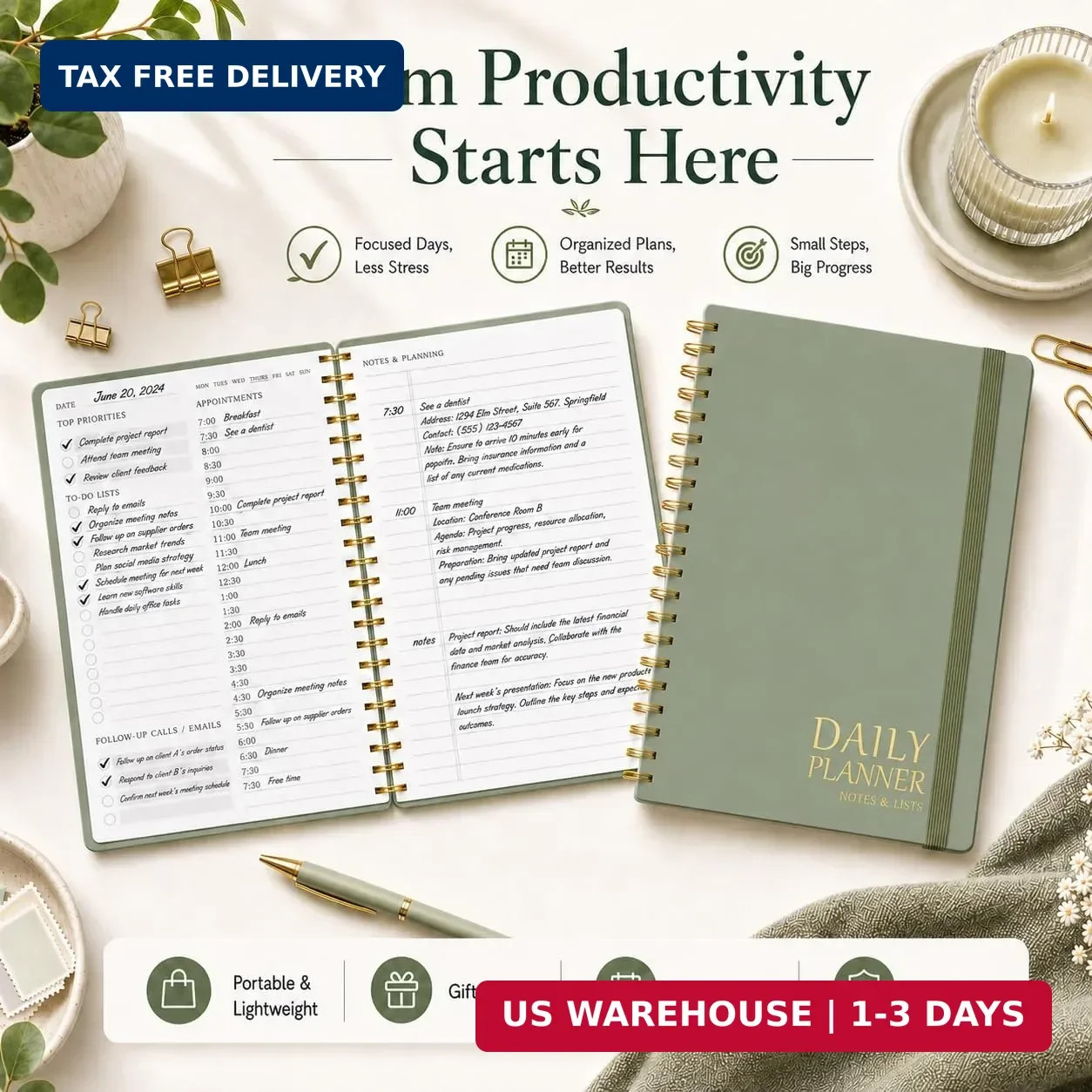 Daily Planner Undated – Simplified To Do List Notebook with Hourly Schedules, Sp