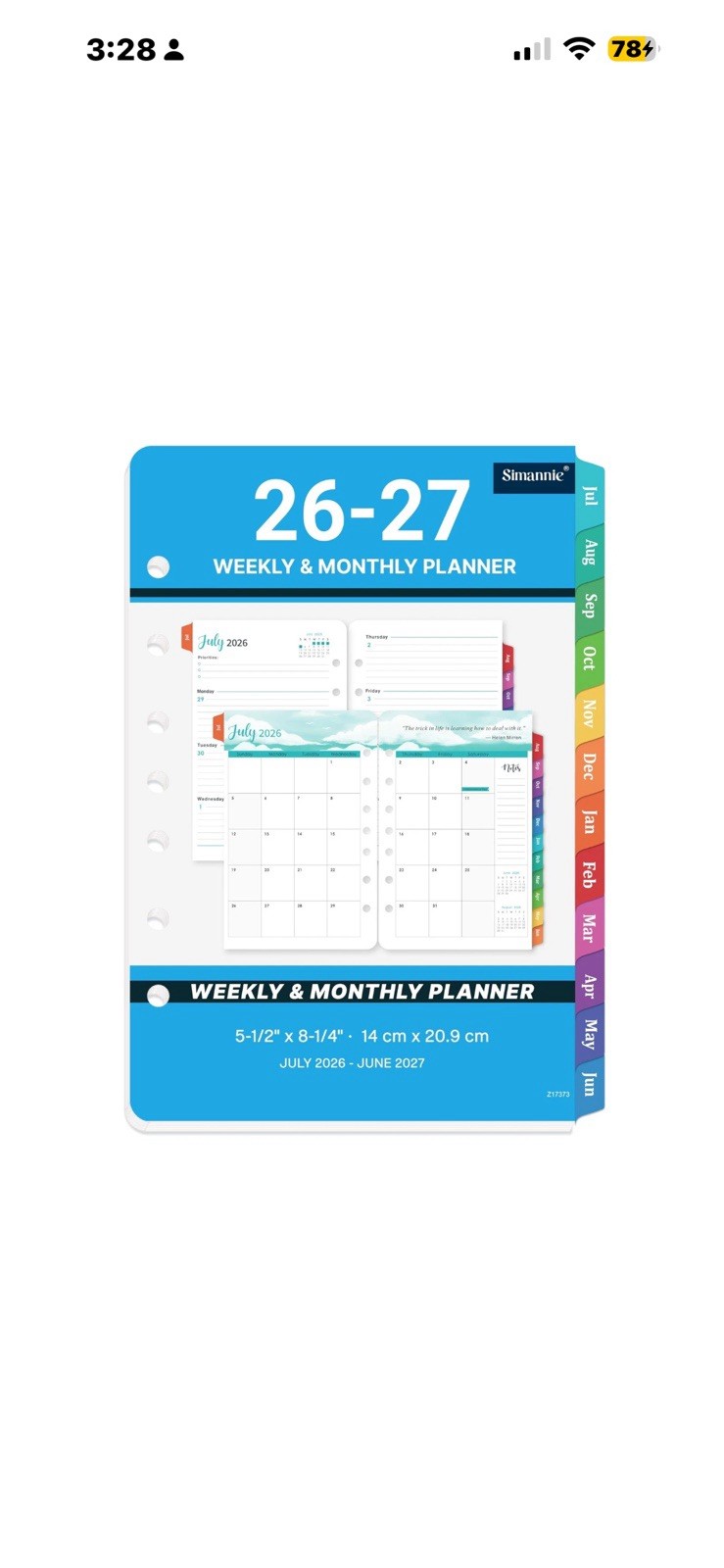 A5 Planner Refills 2026-2027 Weekly Monthly Inserts 7 Hole Jul26-Jun27 Tabs (