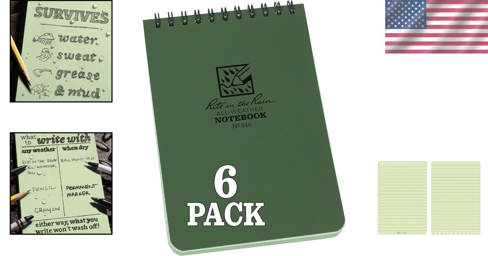 Green 4″ x 6″ Top Spiral Notebook, 6 Pack, Universal Pattern