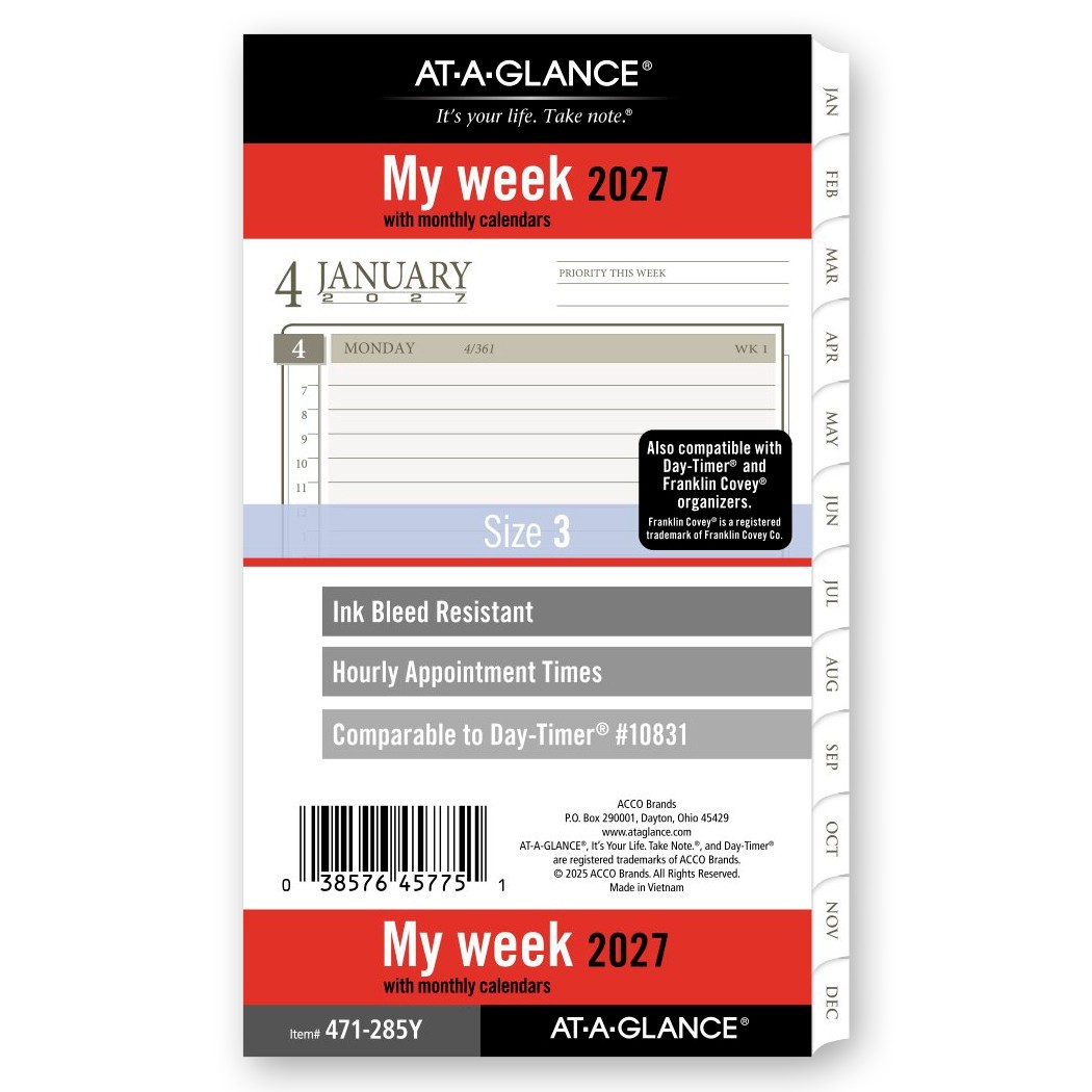 At-A-Glance 2027 471-285Y Weekly Monthly Planner Refill, Size 3, 3-3/4 x 6-3/4″