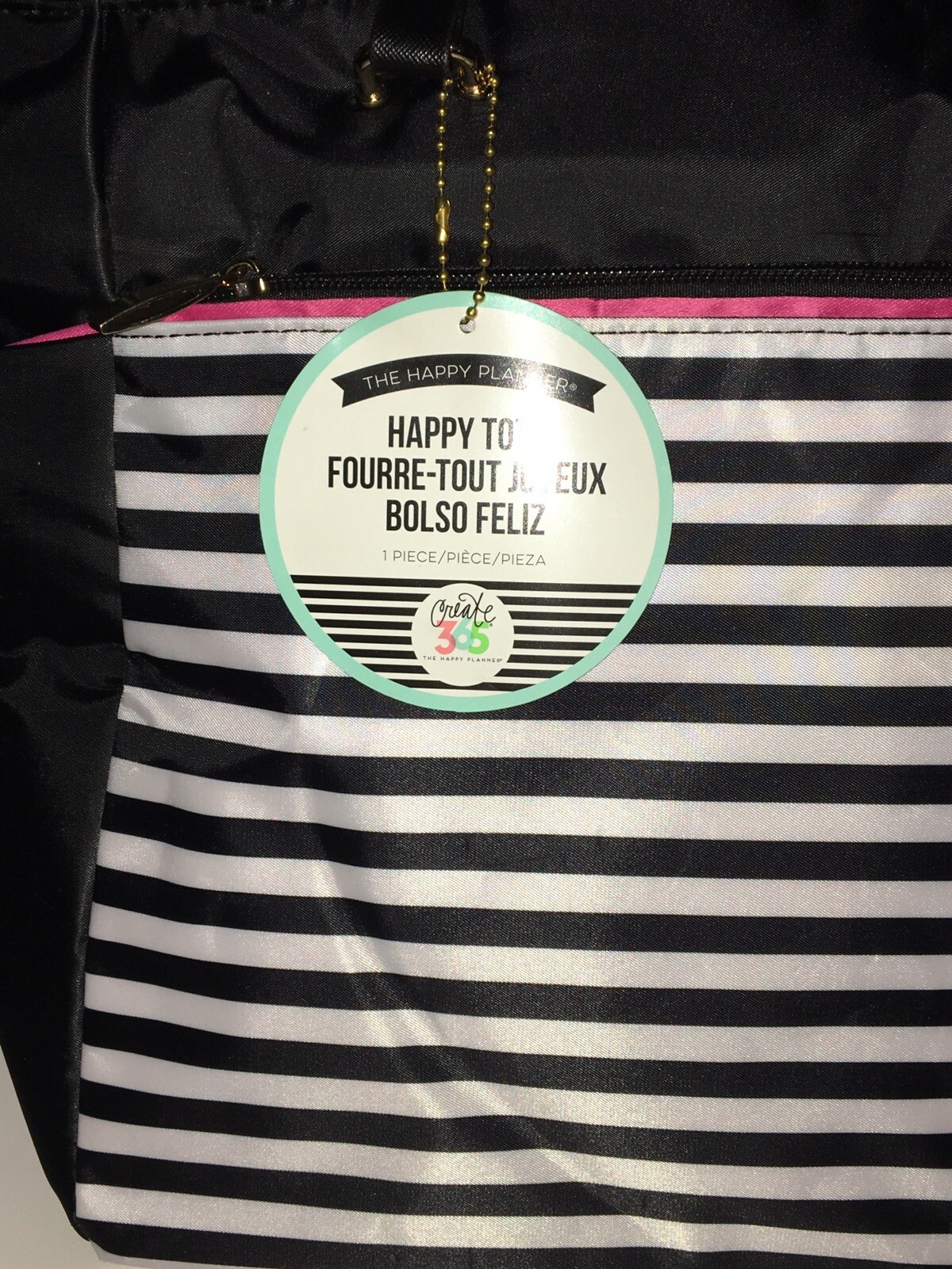 *NEW CREATE 365 MAMBI HAPPY PLANNER NYLON TOTE BLACK WHITE STRIPES HOT PINK*