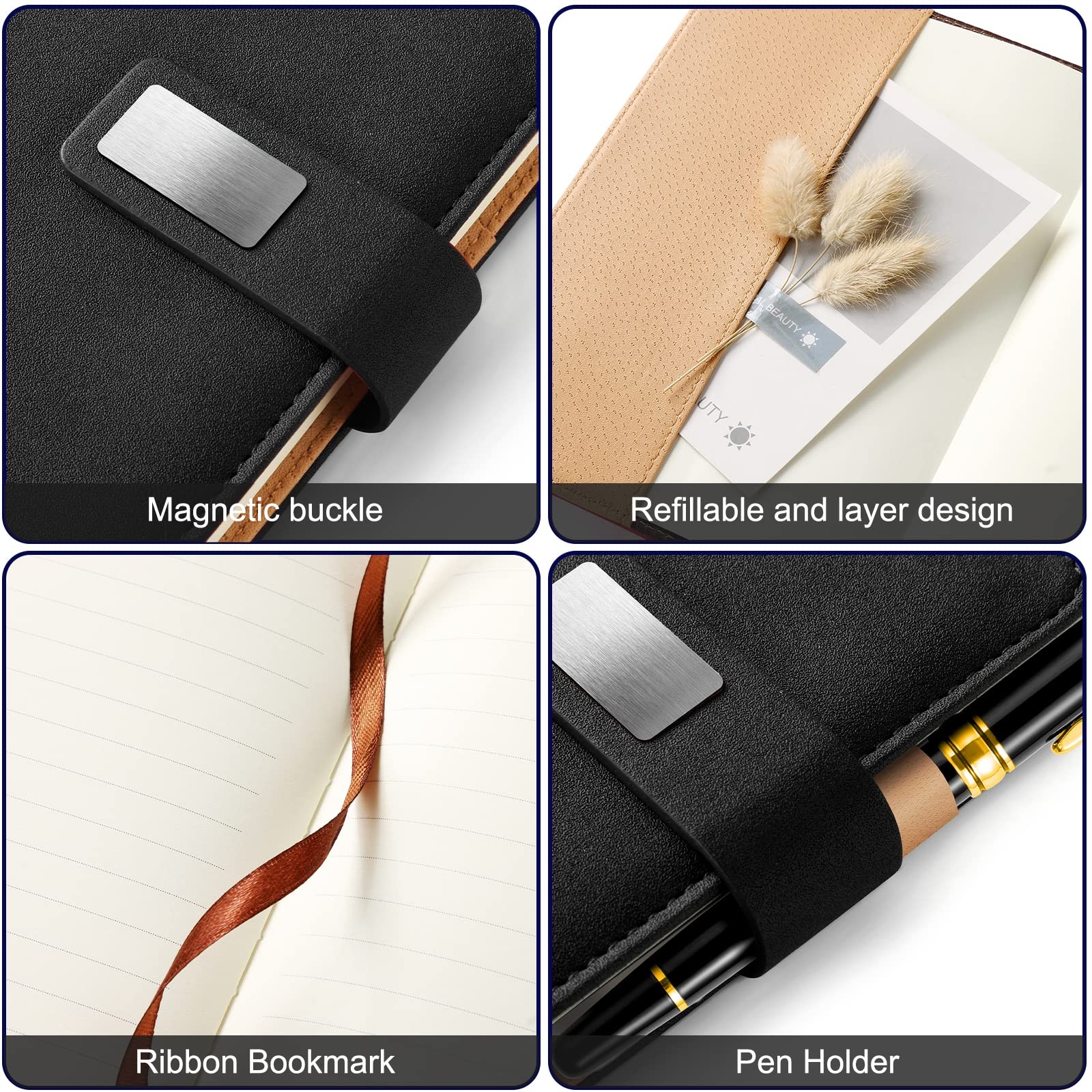 A5 Lined Leather Journal with Pen, 240 Pages Refillable Paper, Black