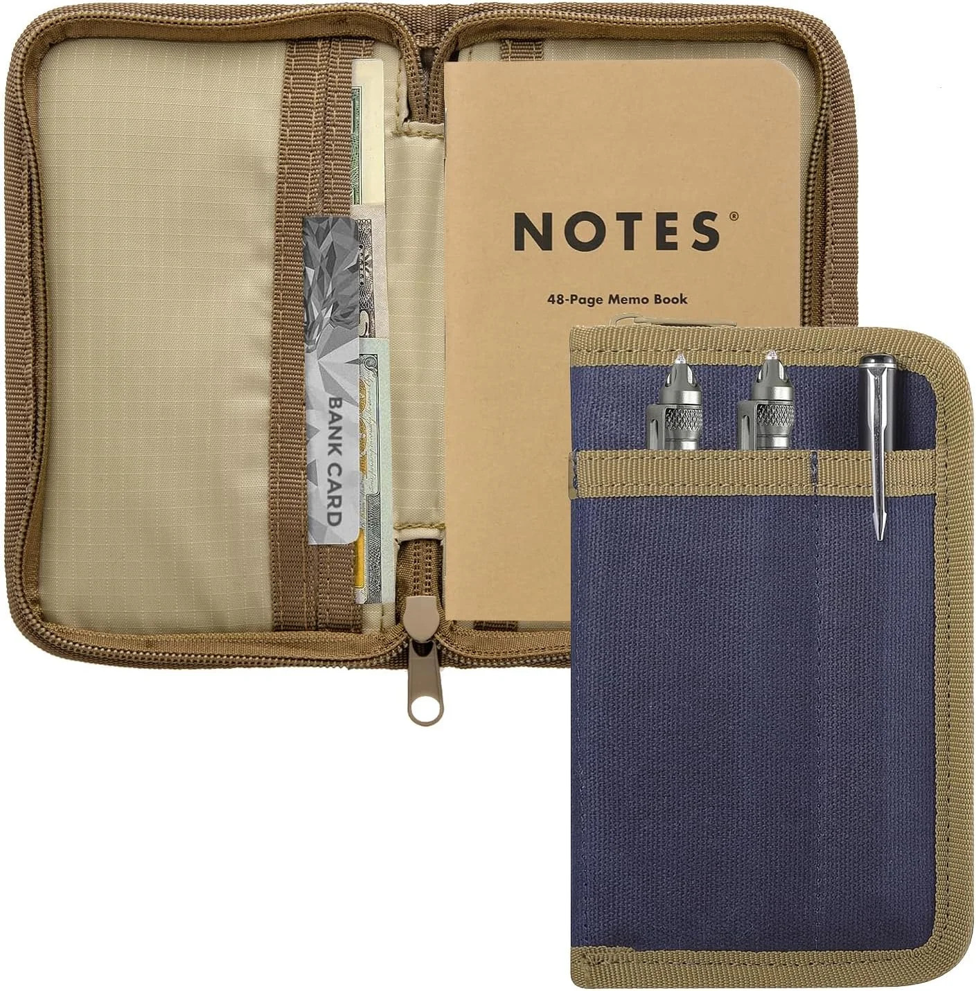 Pocket Notebook Cover for Field Notes, Waxed Canvas Journal Cover with Zipper